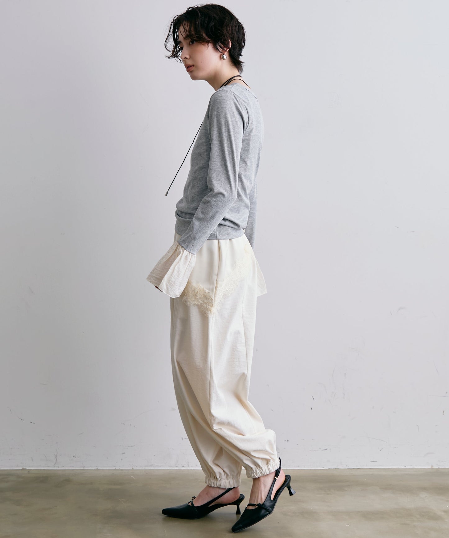 フライスリブ袖フリルヘンリーT