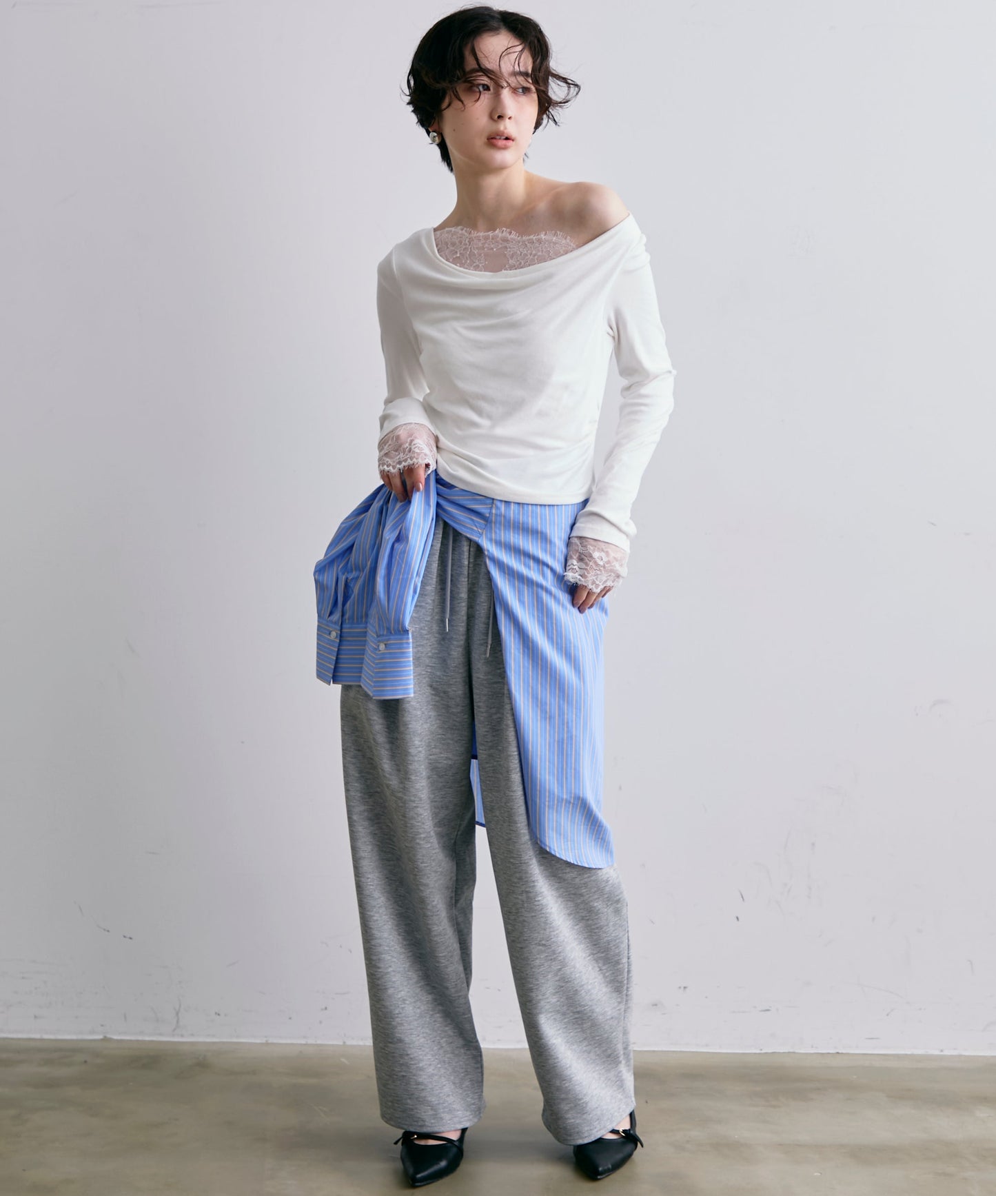 レースレイヤード風2wayドレープカットソー