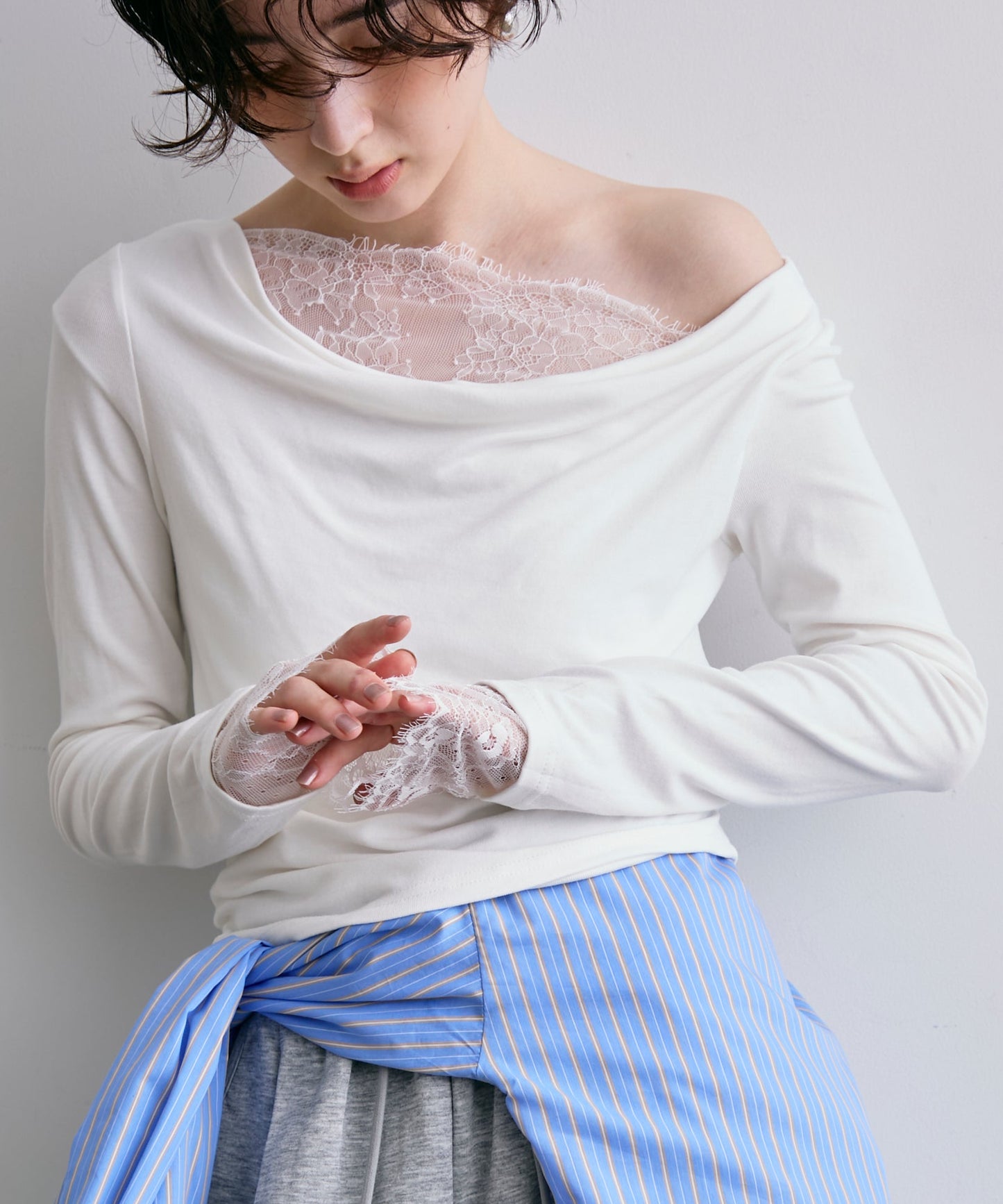 レースレイヤード風2wayドレープカットソー