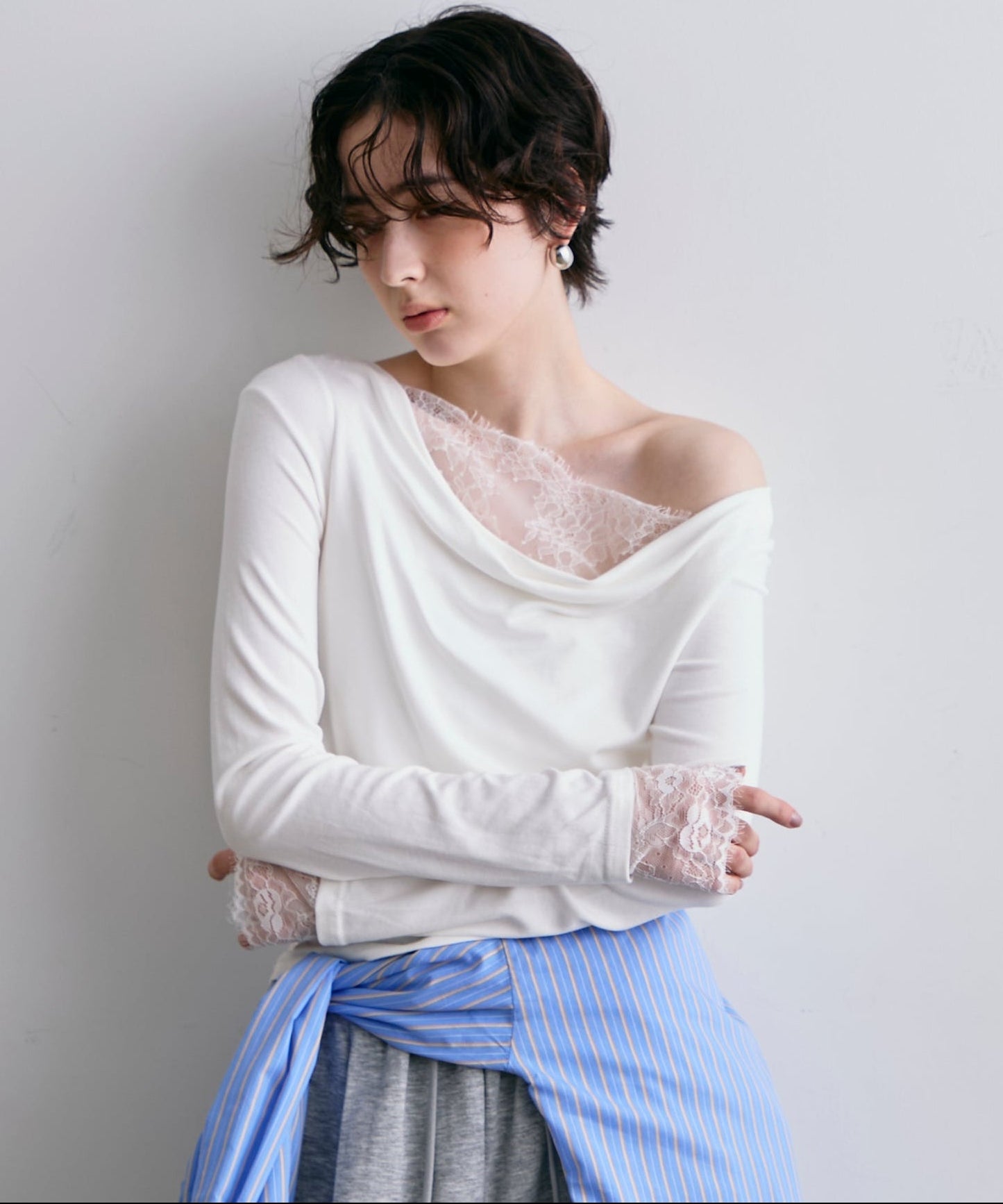 レースレイヤード風2wayドレープカットソー