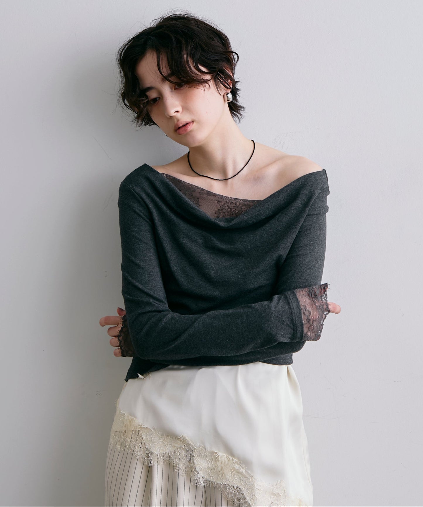 レースレイヤード風2wayドレープカットソー
