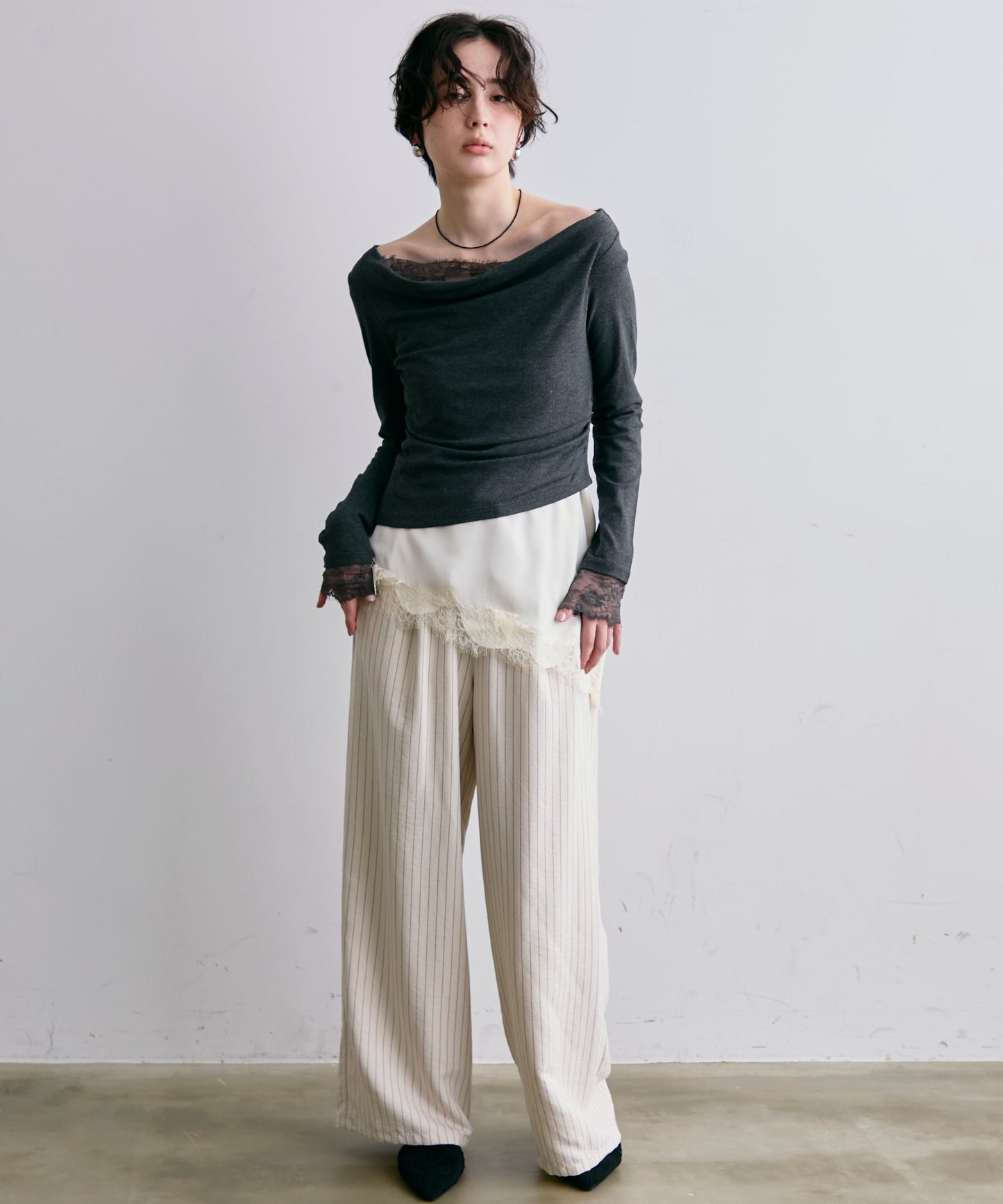 レースレイヤード風2wayドレープカットソー