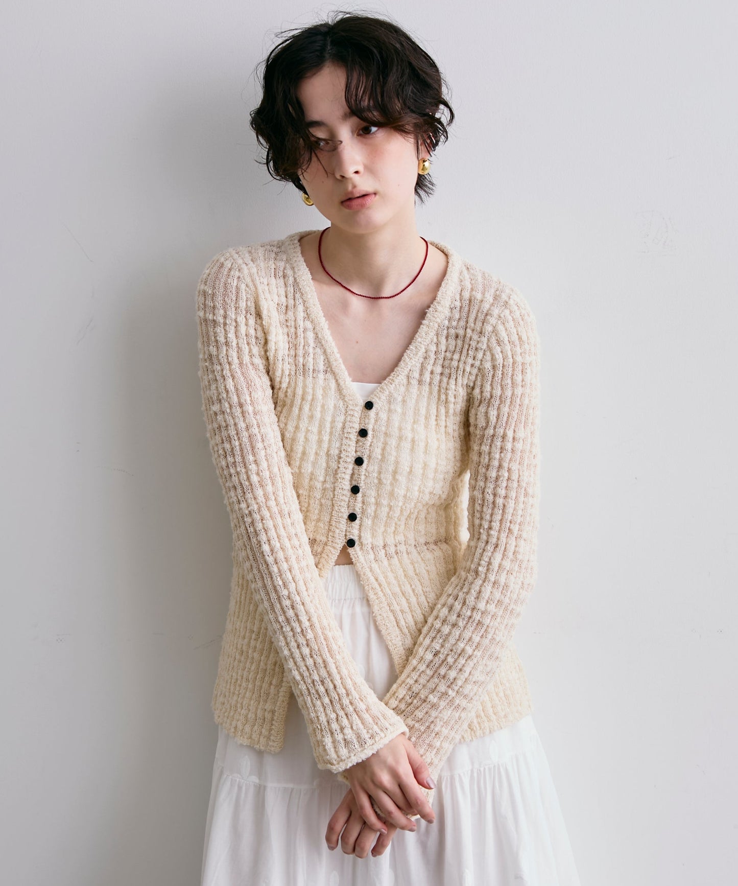 スラブループヤーン多釦カーディガン