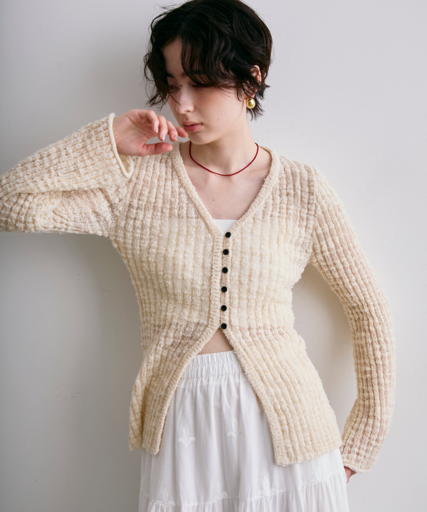 スラブループヤーン多釦カーディガン