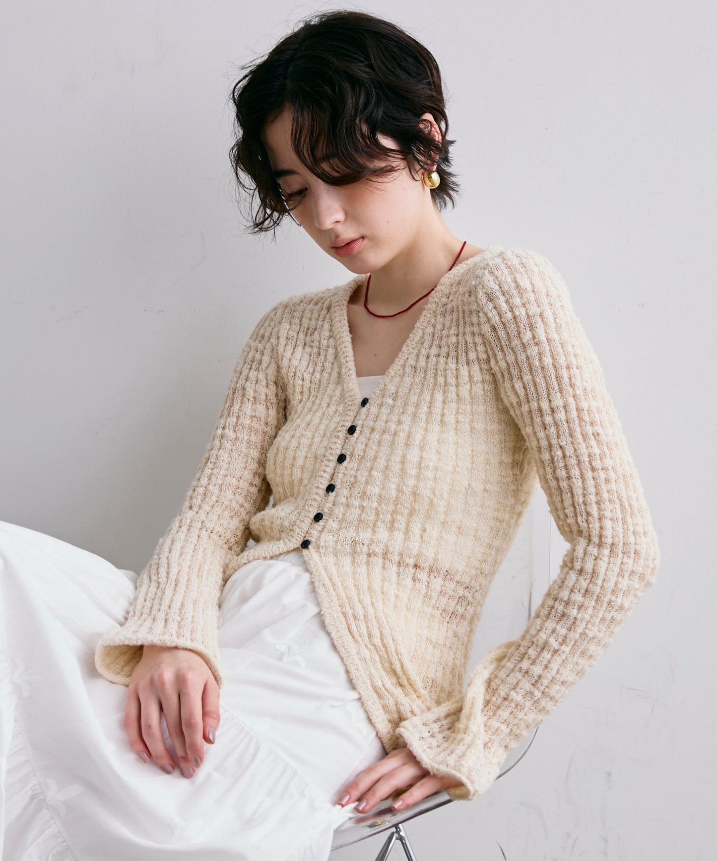 スラブループヤーン多釦カーディガン