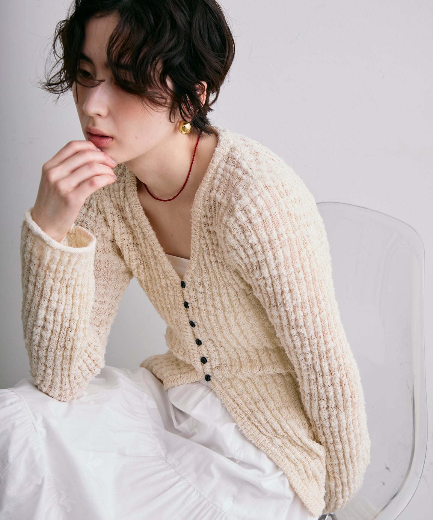 スラブループヤーン多釦カーディガン