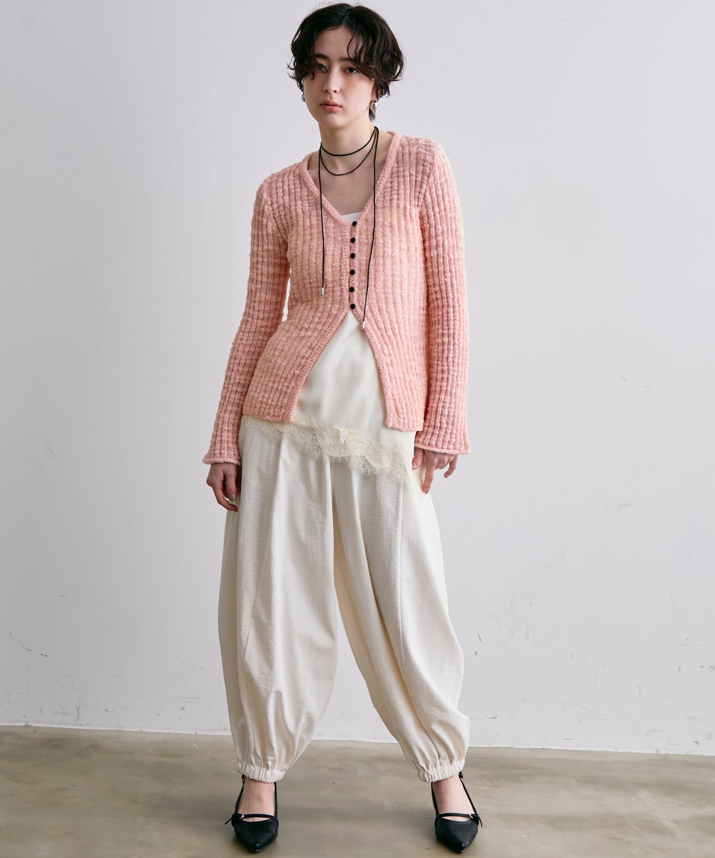 スラブループヤーン多釦カーディガン