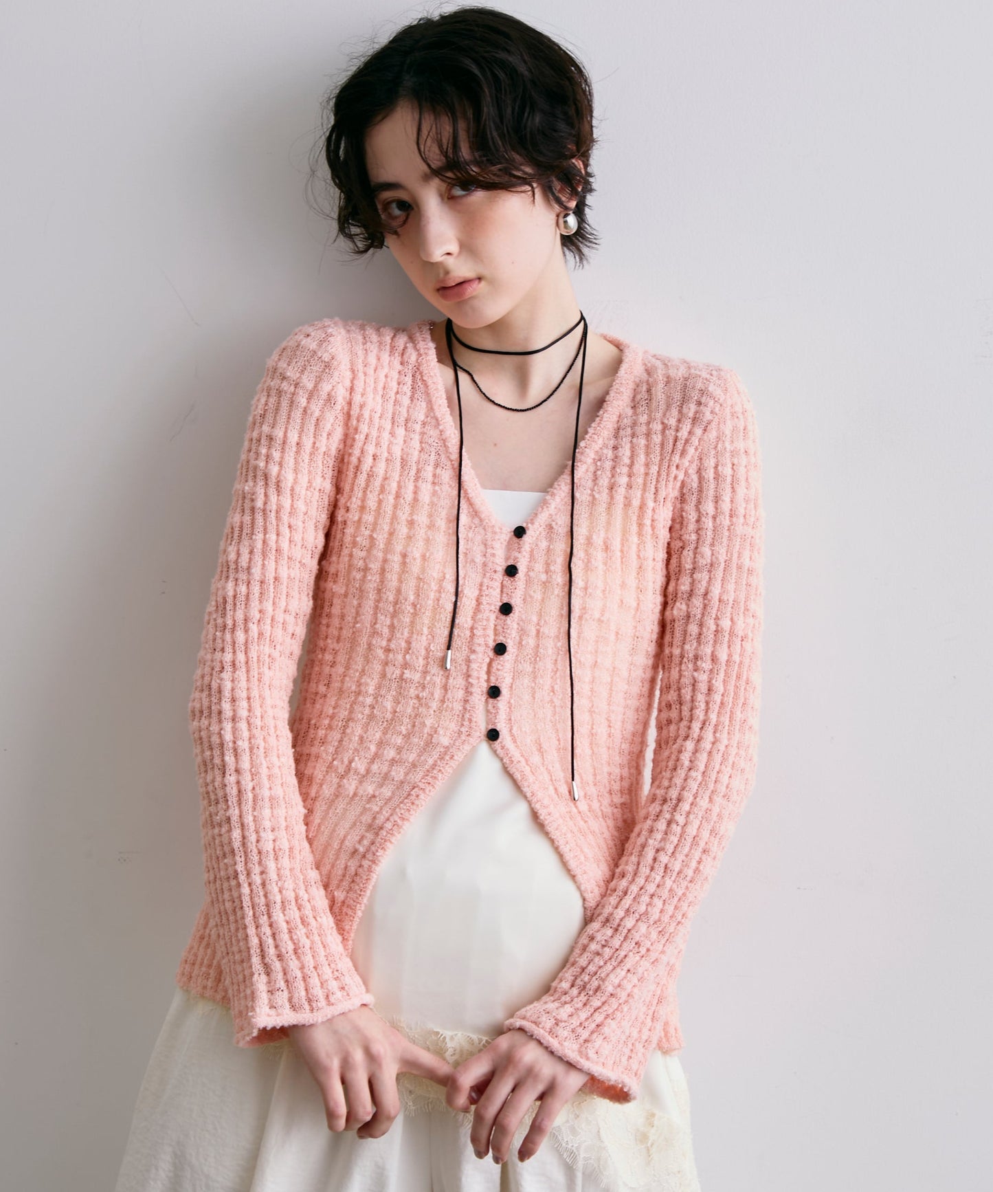 スラブループヤーン多釦カーディガン
