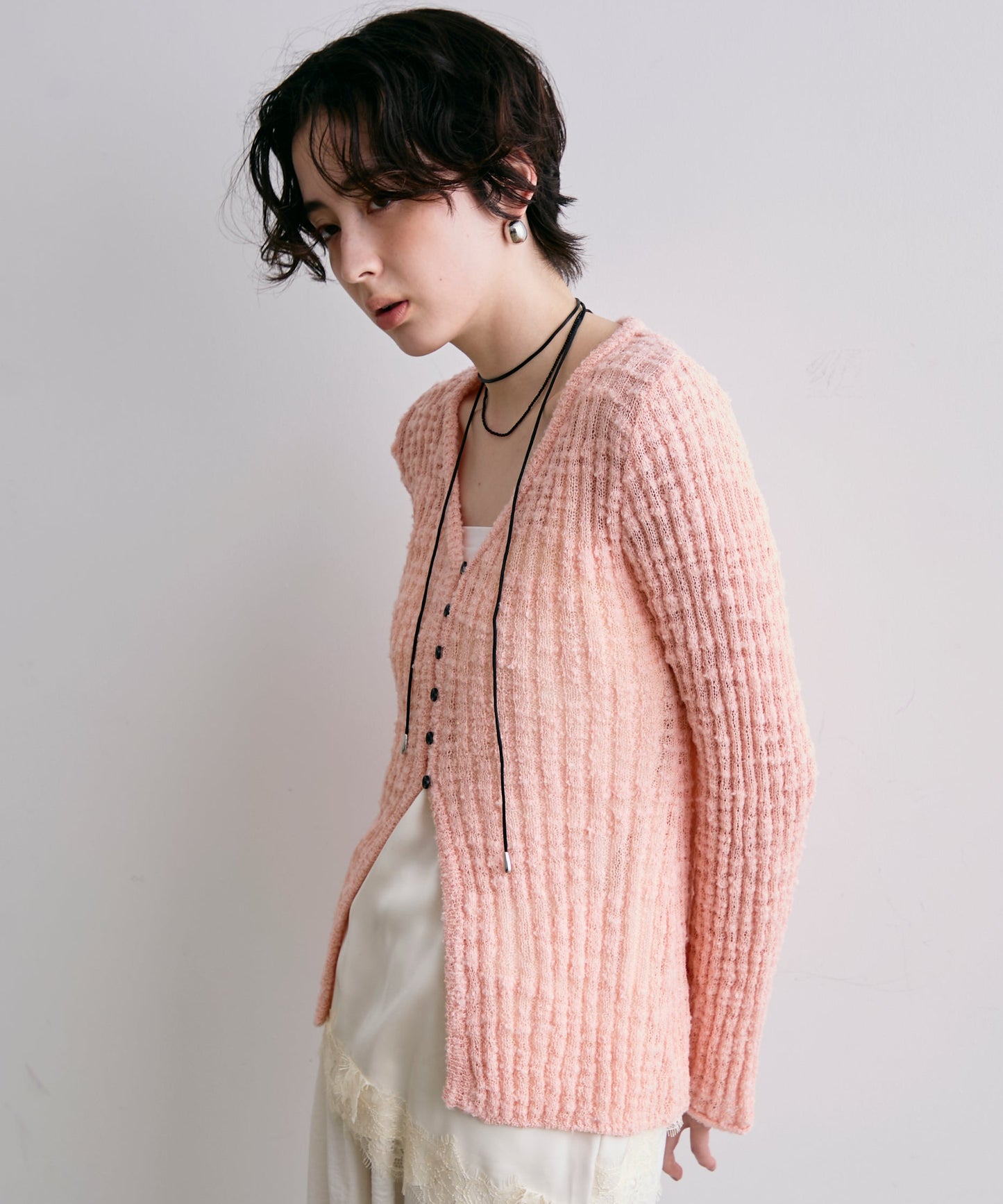 スラブループヤーン多釦カーディガン
