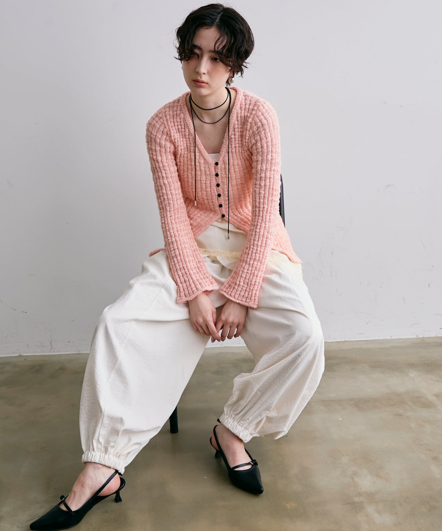 スラブループヤーン多釦カーディガン