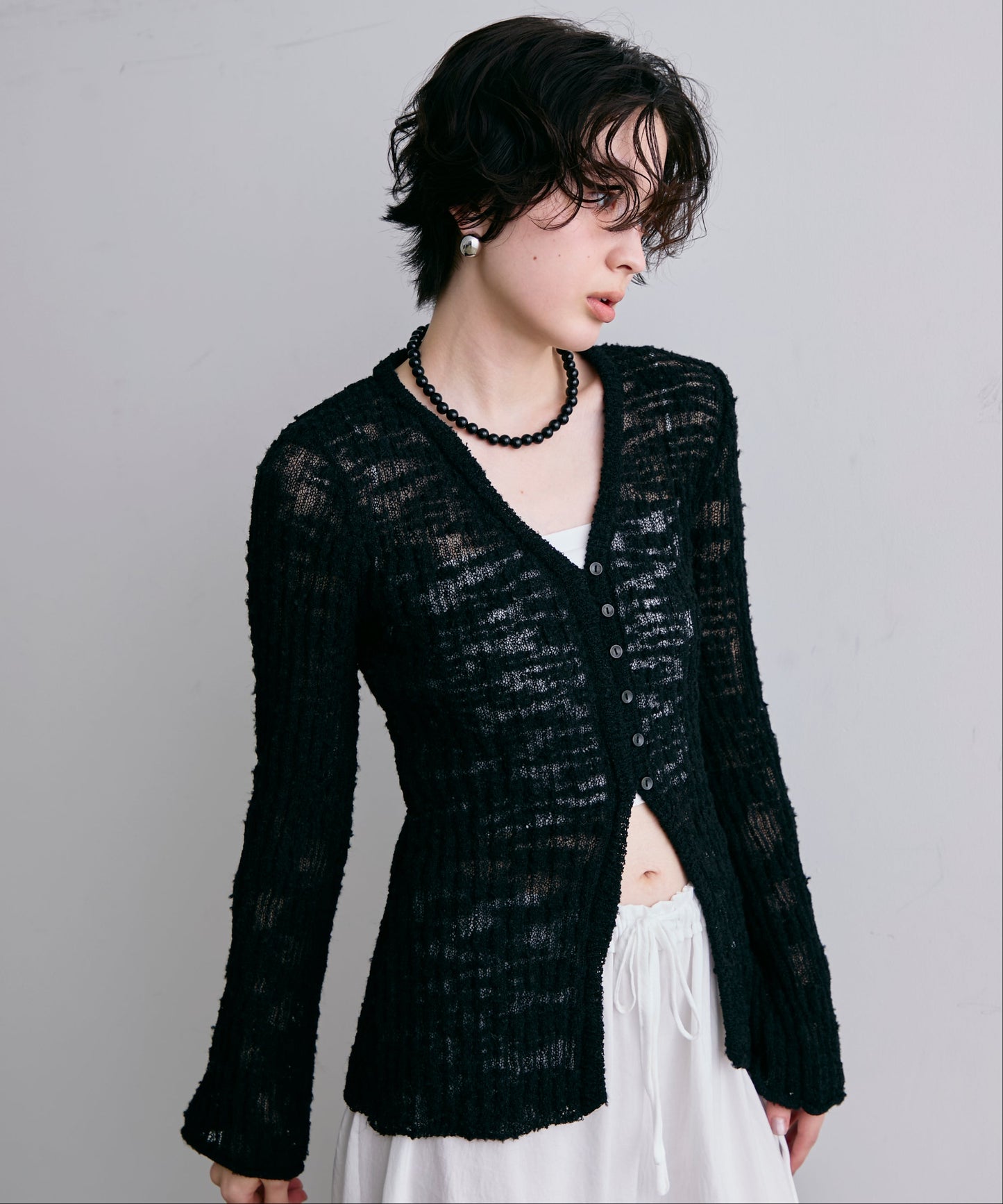 スラブループヤーン多釦カーディガン