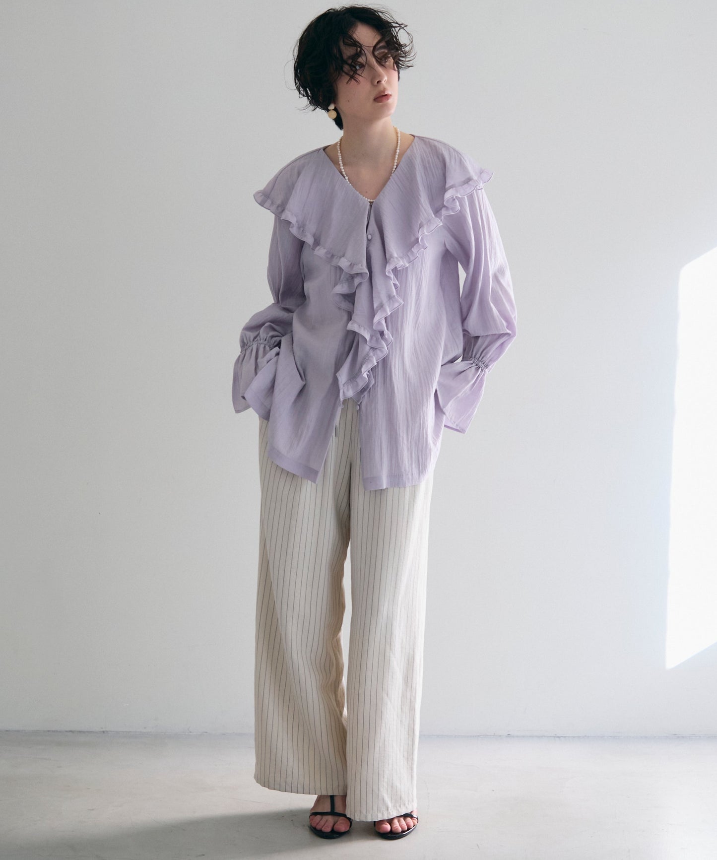 パウダースキンストライプギャザーイージーパンツ