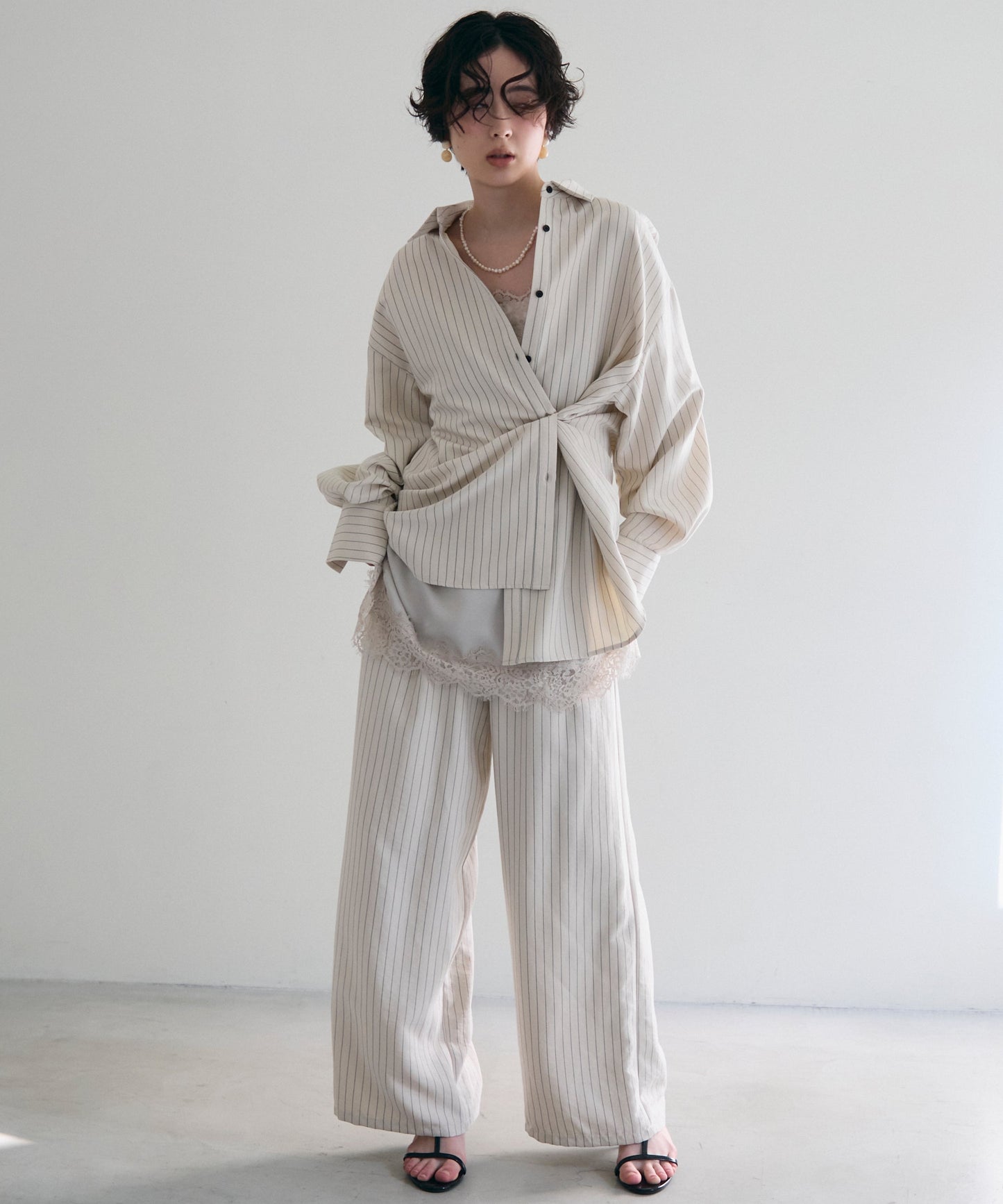 パウダースキンストライプギャザーイージーパンツ