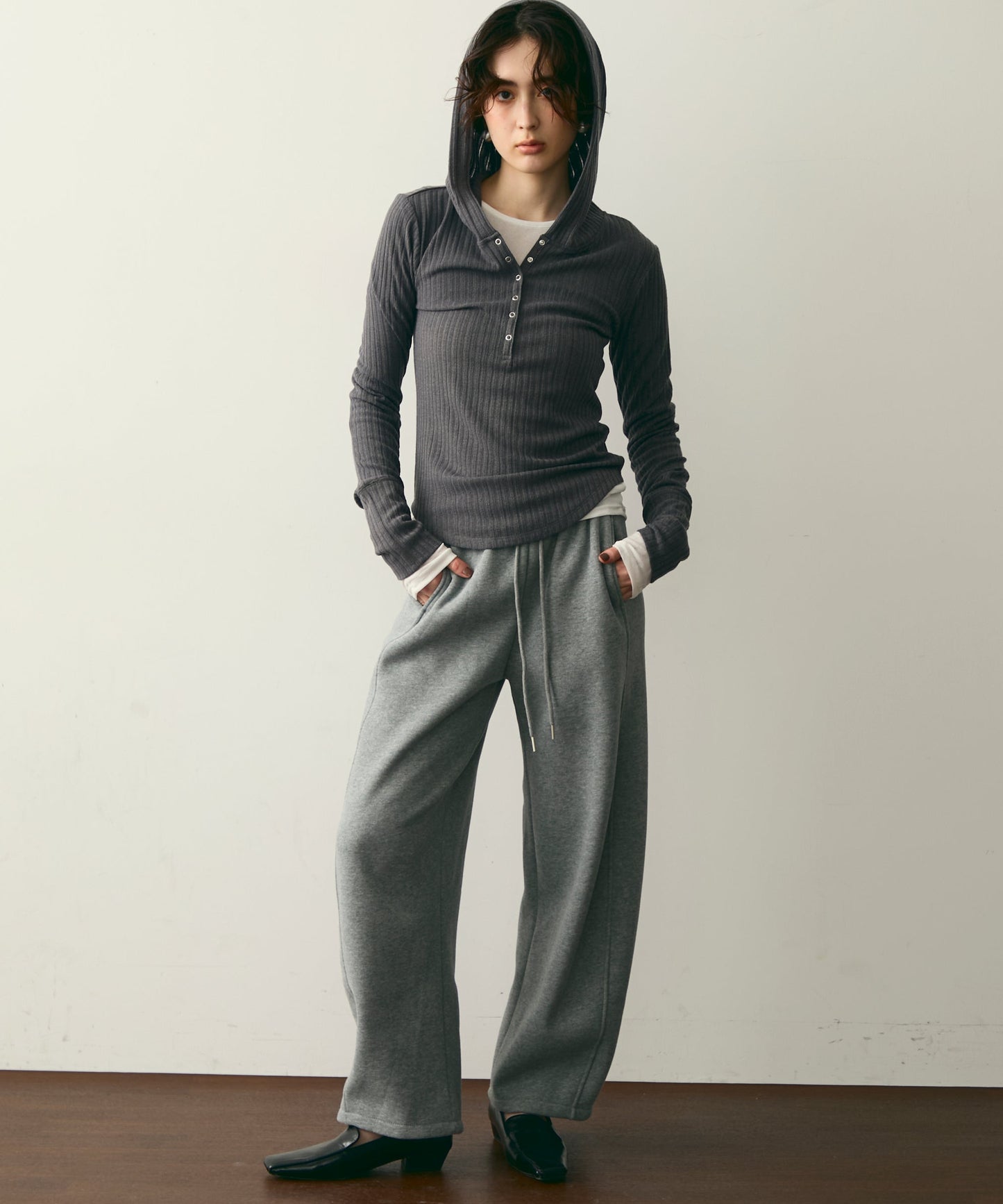 ウエストドロスト裏起毛スウェットカーブパンツ