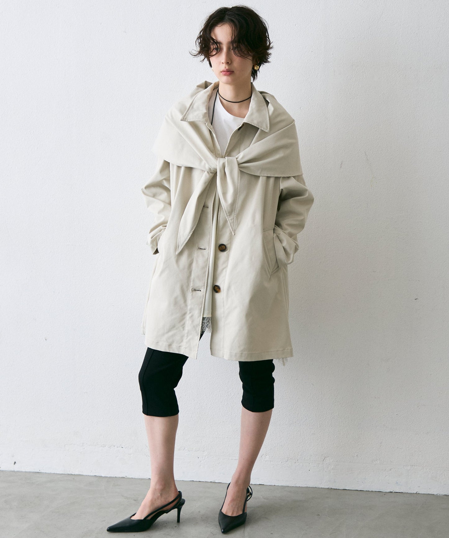 コンパクトツイルスカーフ付きステンカラーコート