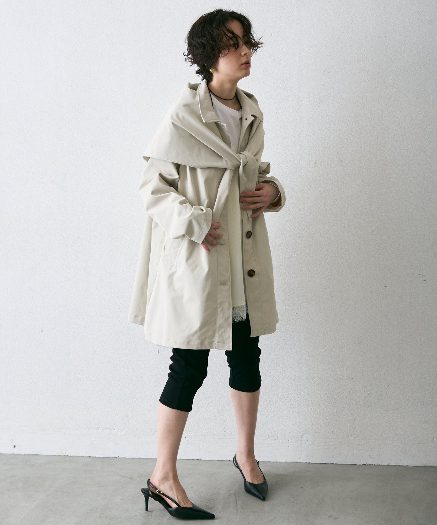 コンパクトツイルスカーフ付きステンカラーコート