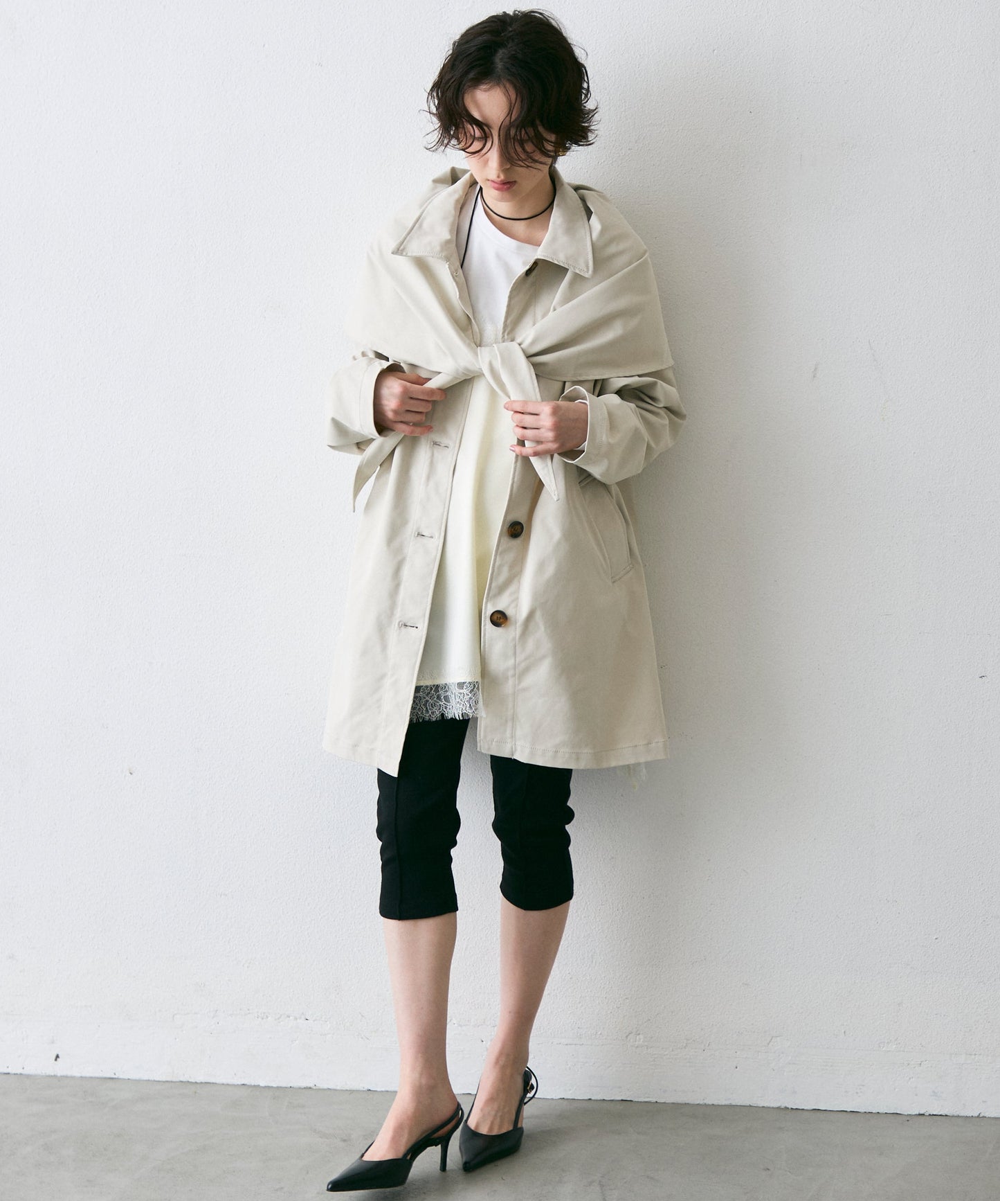 コンパクトツイルスカーフ付きステンカラーコート