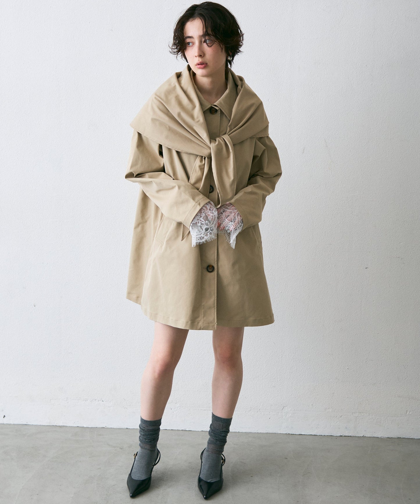 コンパクトツイルスカーフ付きステンカラーコート