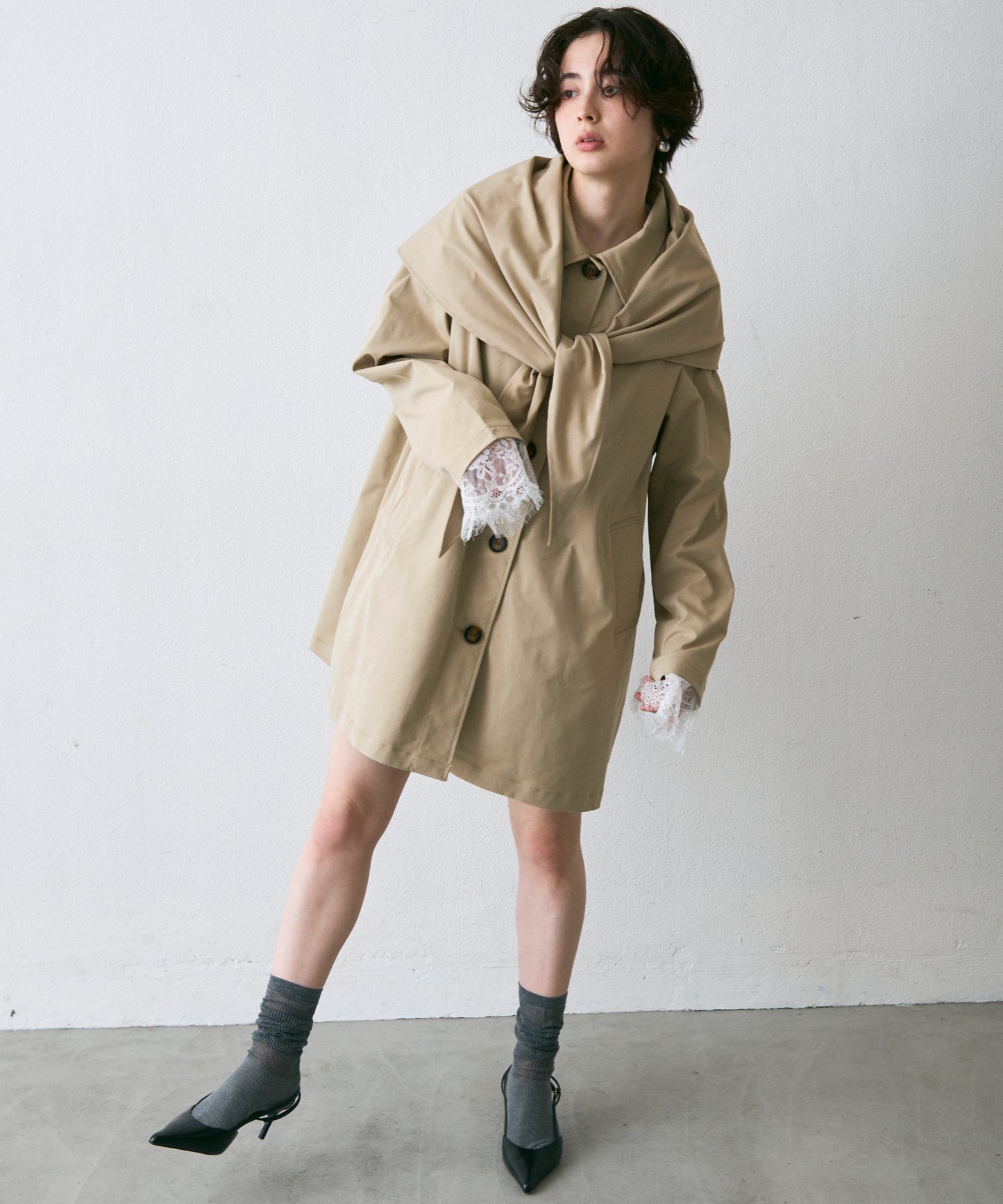 コンパクトツイルスカーフ付きステンカラーコート