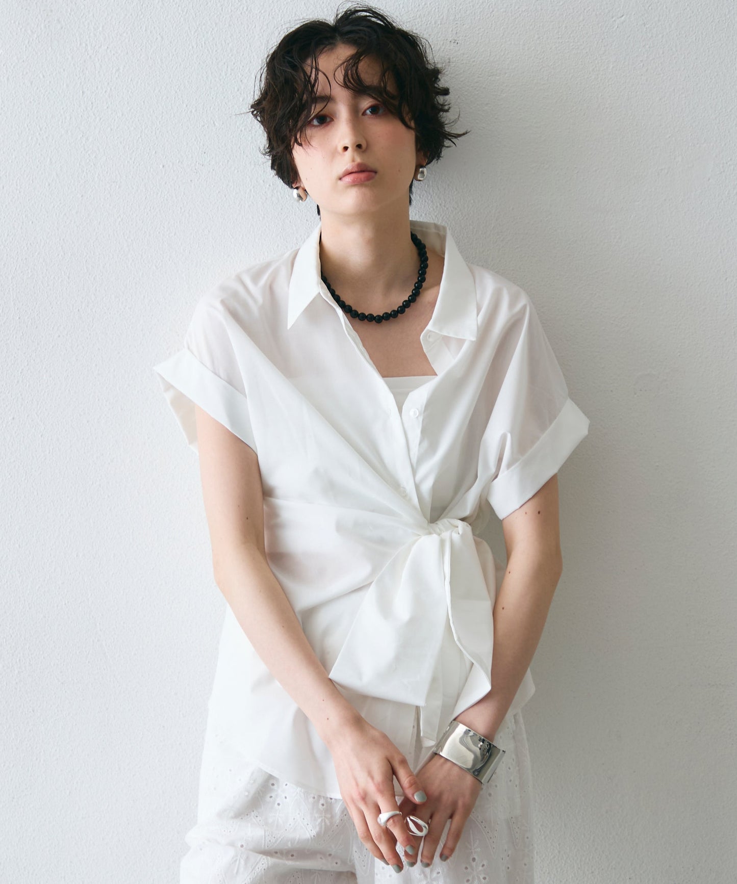 脇リボンフレンチスリーブシャツ