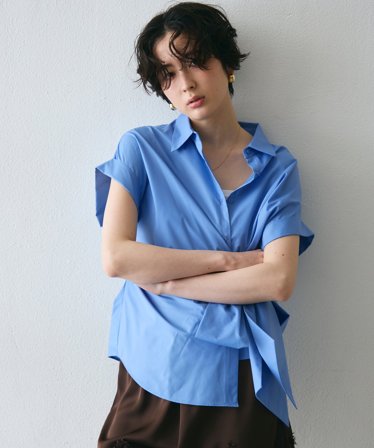 脇リボンフレンチスリーブシャツ