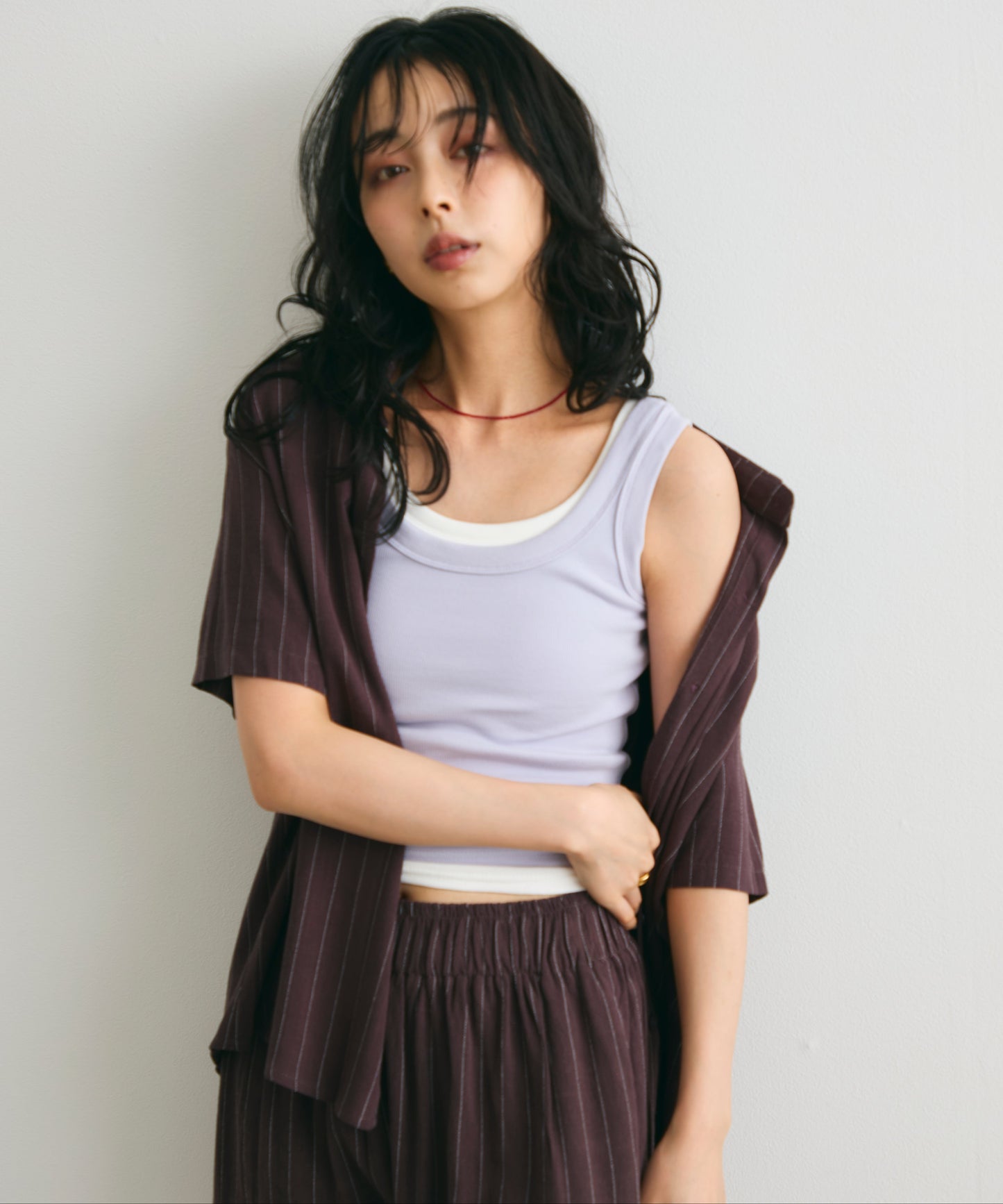 リネン混ピンストライプ半袖シャツ&ショートパンツ