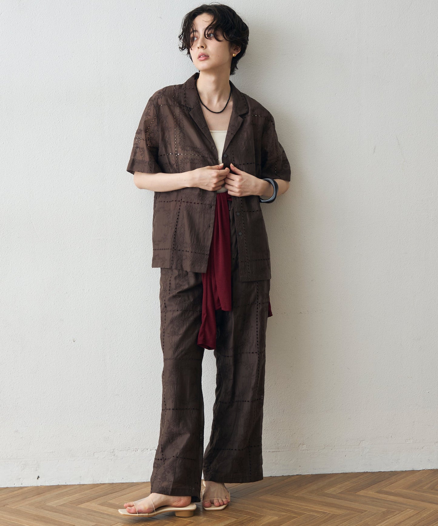 パッチワーク風刺繍半袖シャツジャケット