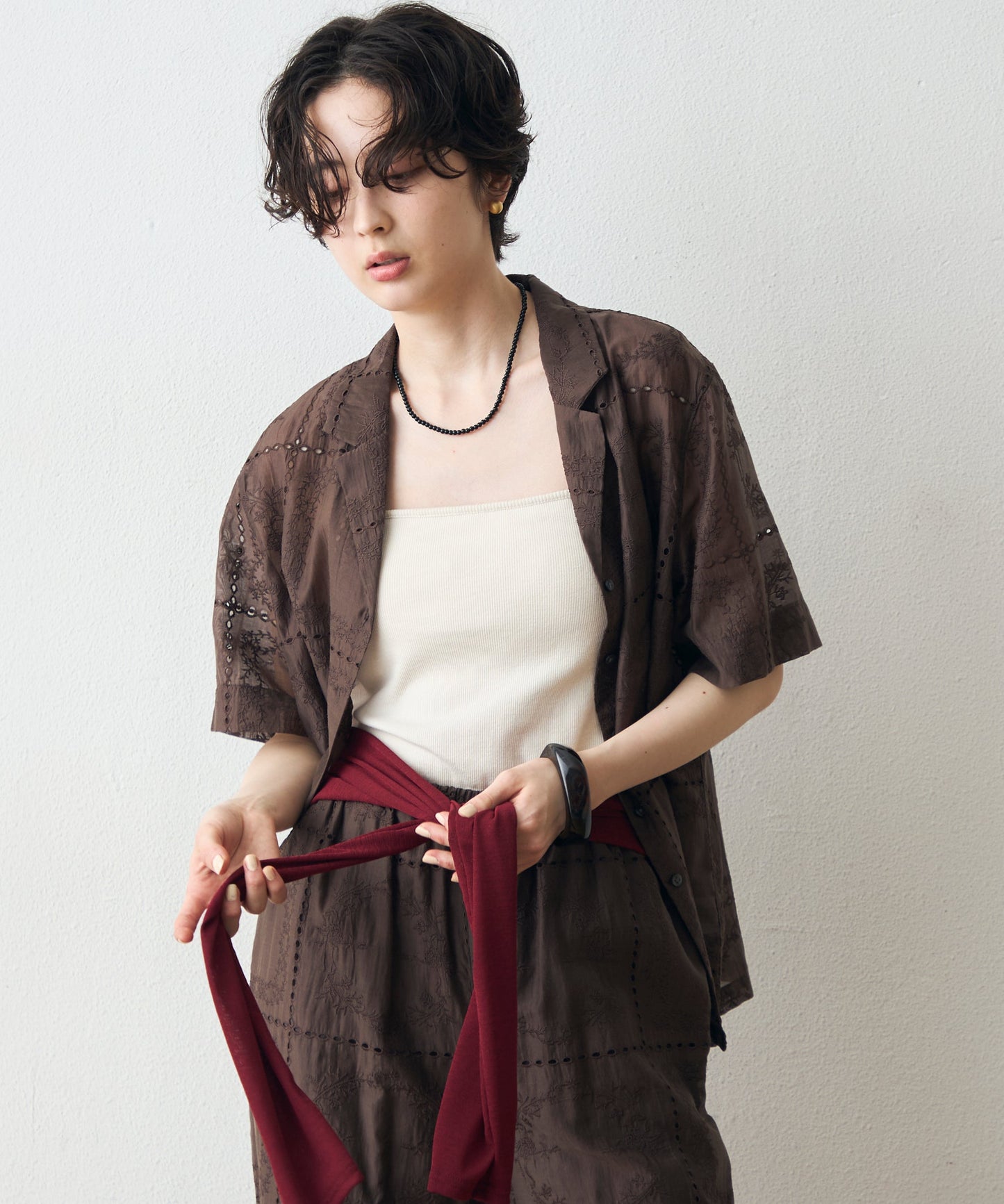 パッチワーク風刺繍半袖シャツジャケット