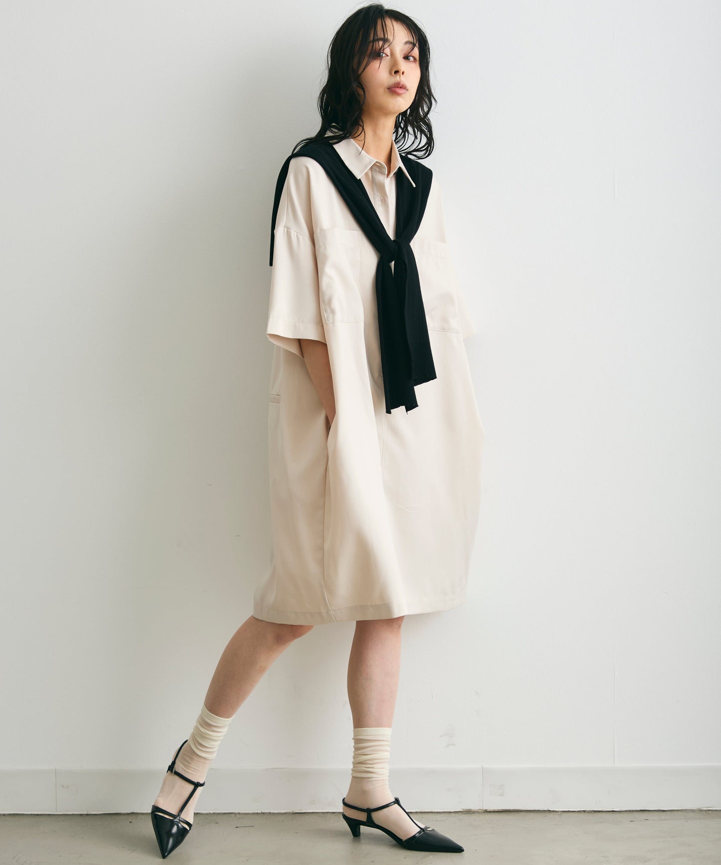 ウエストベルト付きショート丈オールインワン