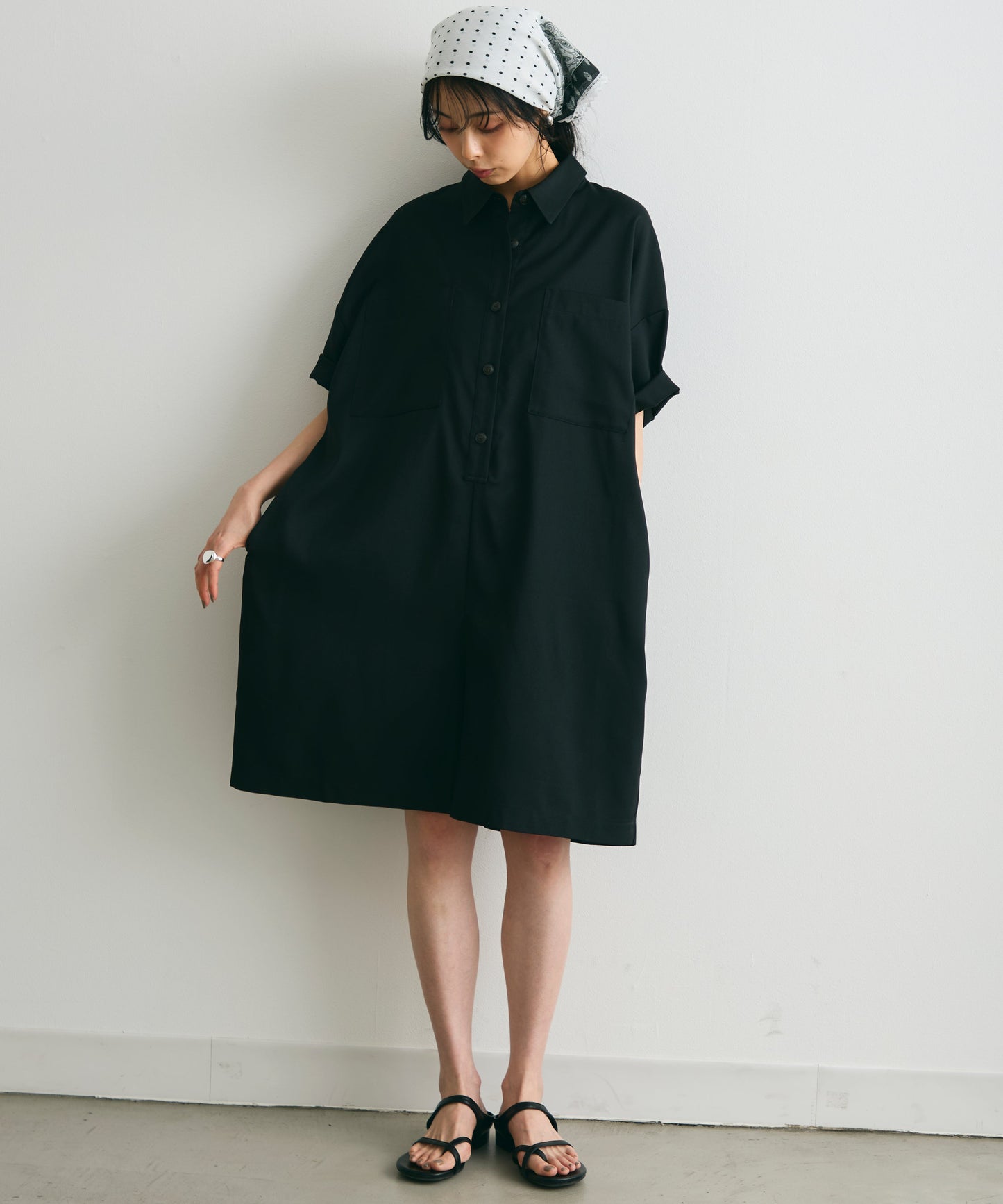 ウエストベルト付きショート丈オールインワン