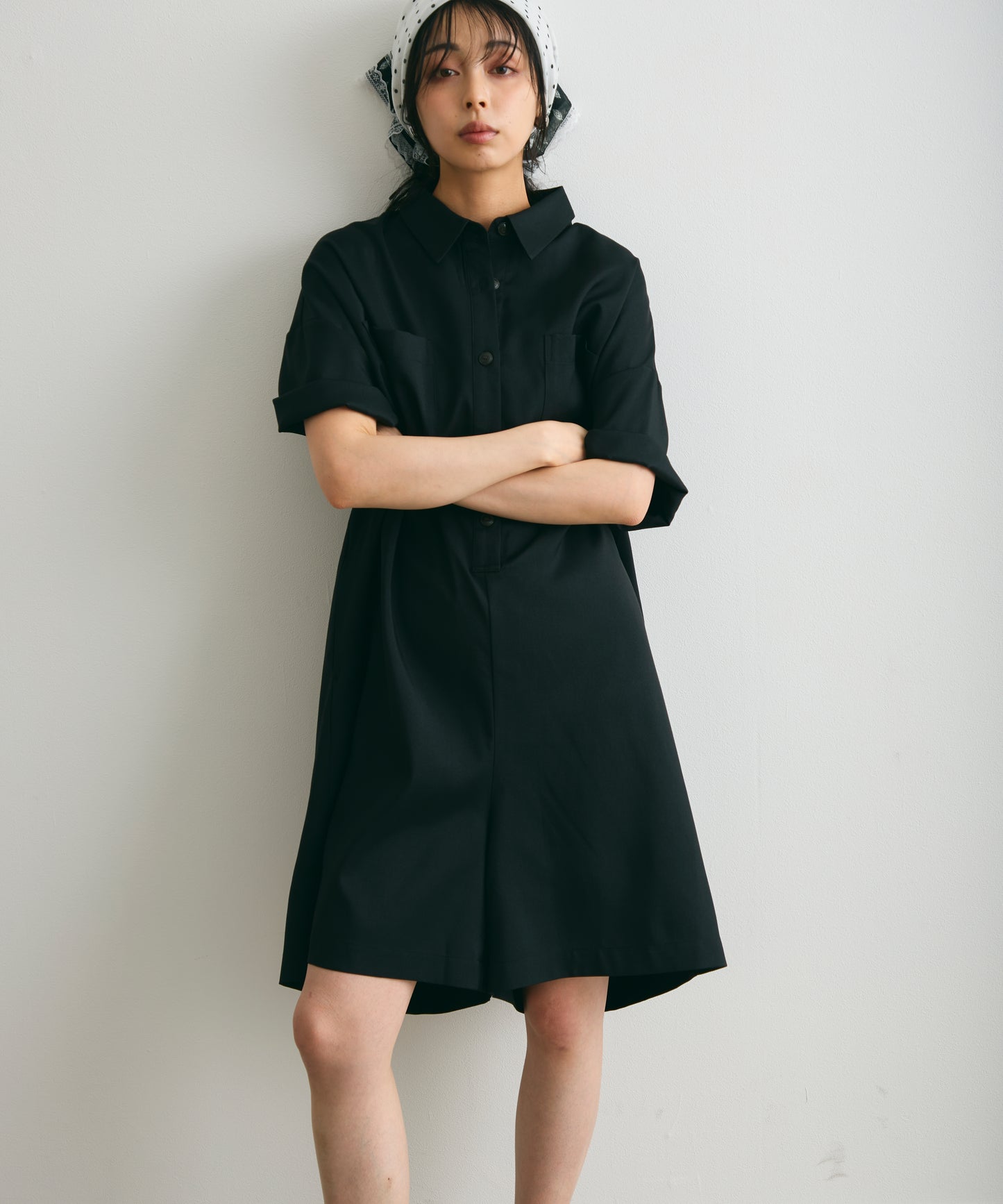 ウエストベルト付きショート丈オールインワン