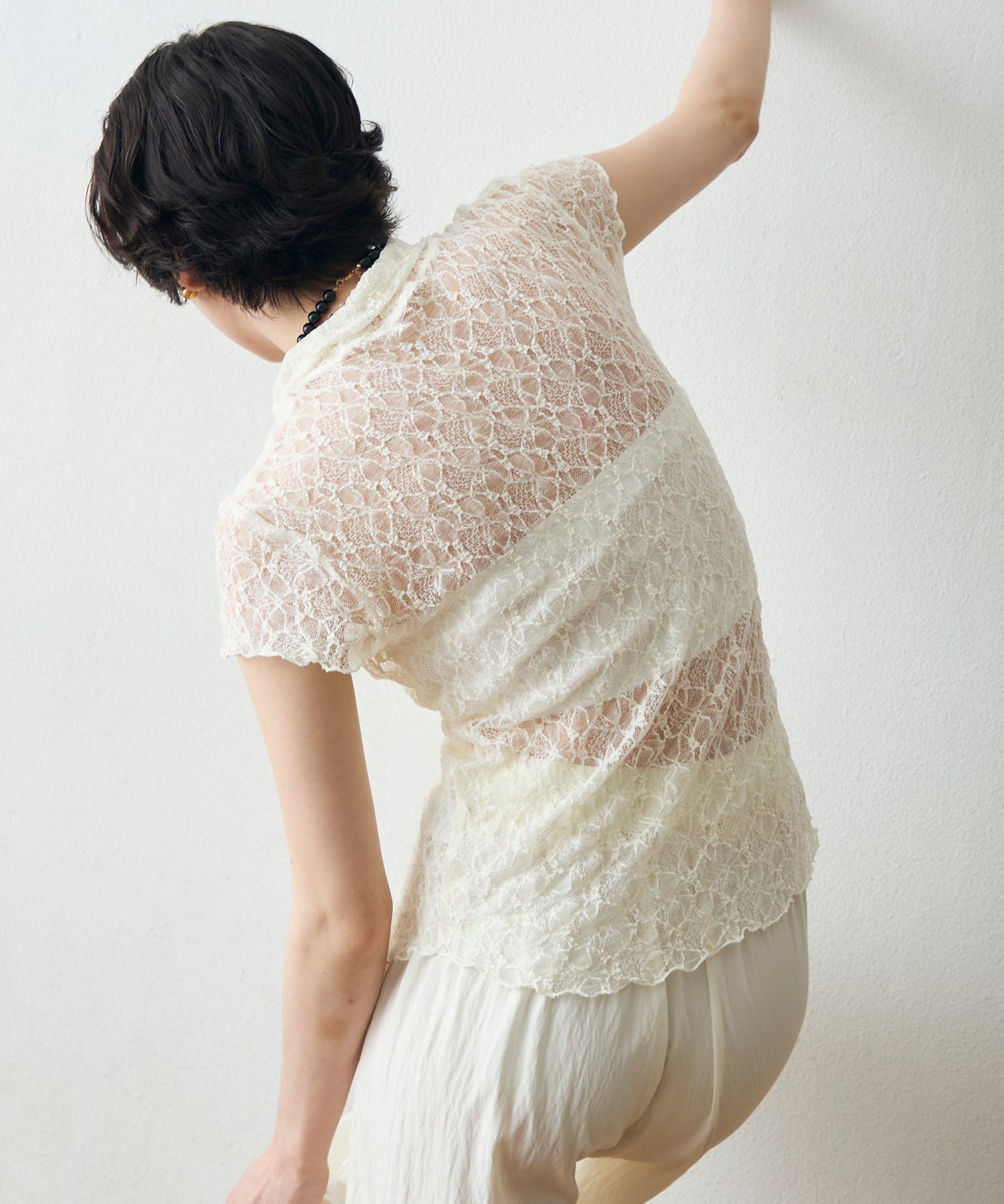 レースポロ襟キャップスリーブシャツ