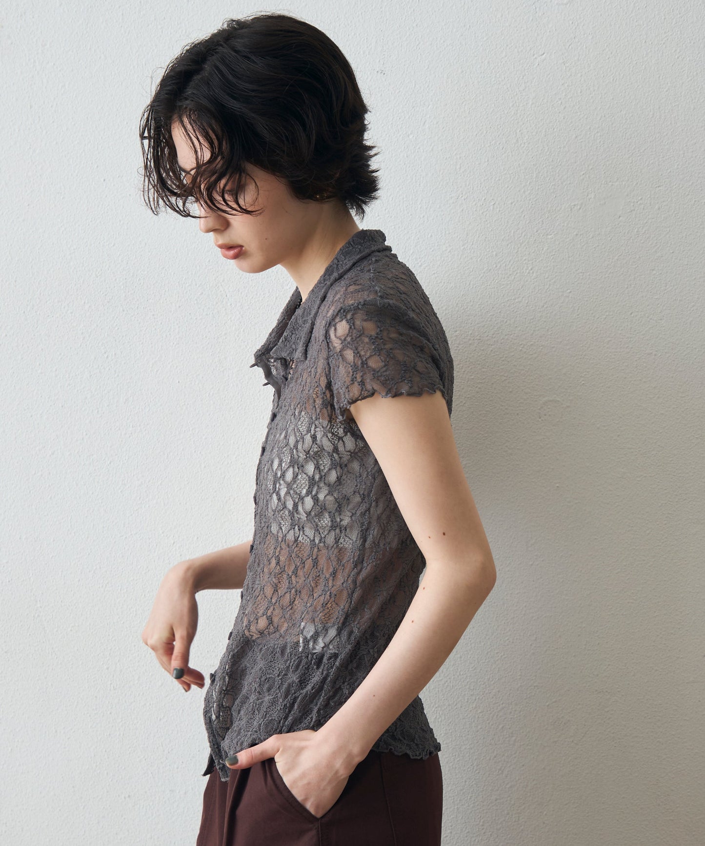 レースポロ襟キャップスリーブシャツ