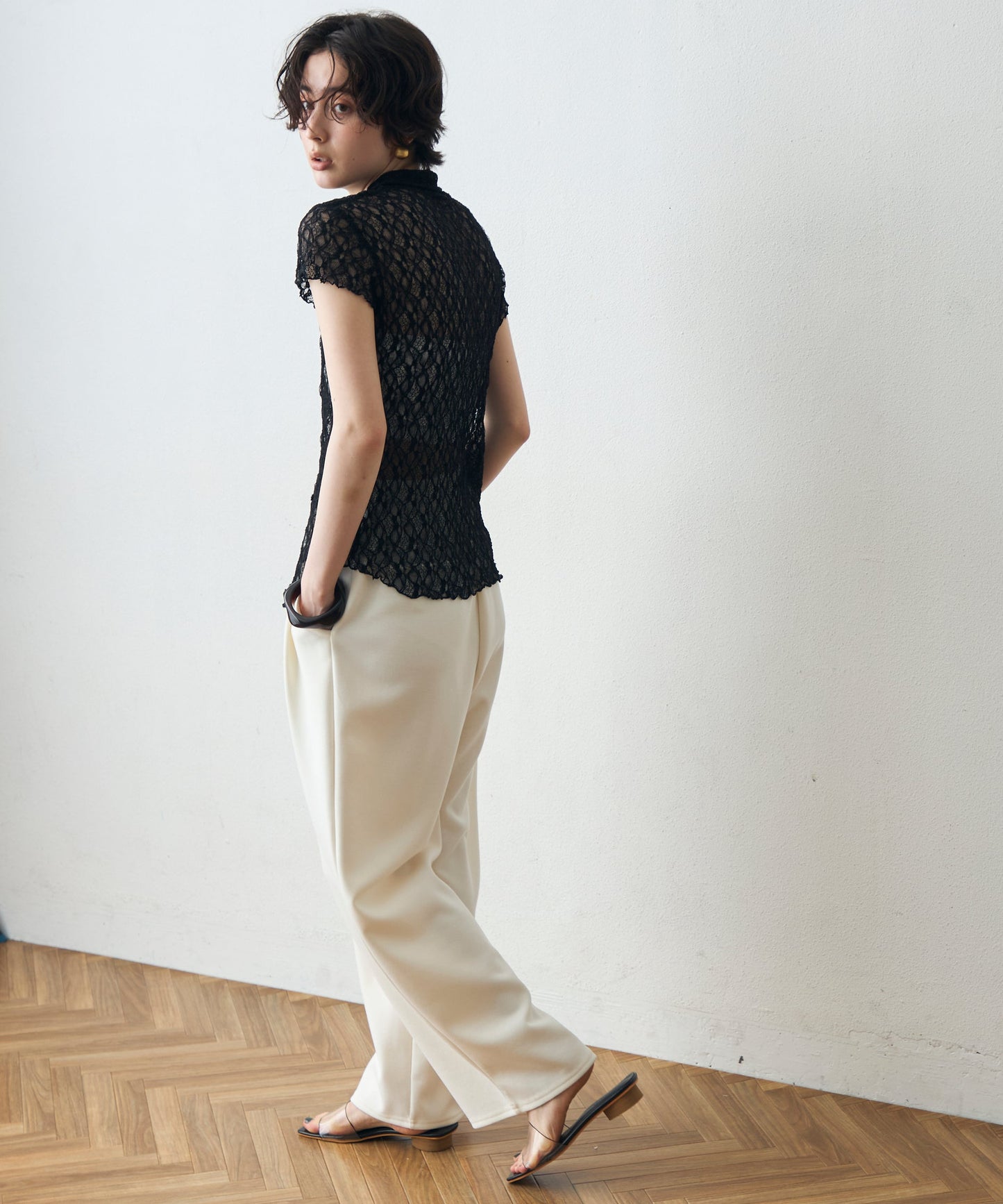 レースポロ襟キャップスリーブシャツ