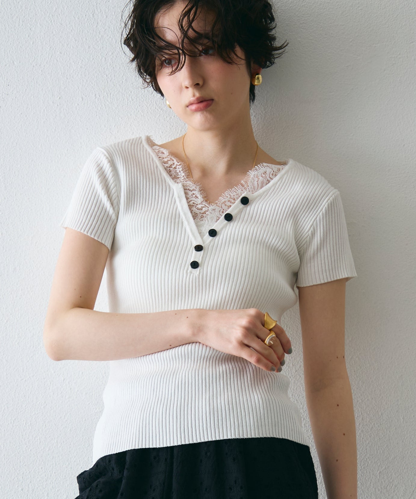 レースレイヤードヘンリーネックハーフスリーブリブニット