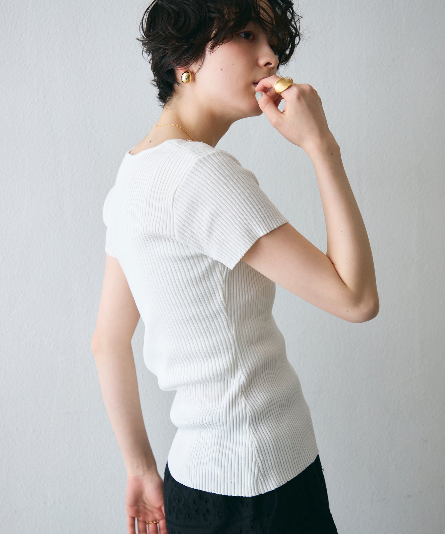 レースレイヤードヘンリーネックハーフスリーブリブニット