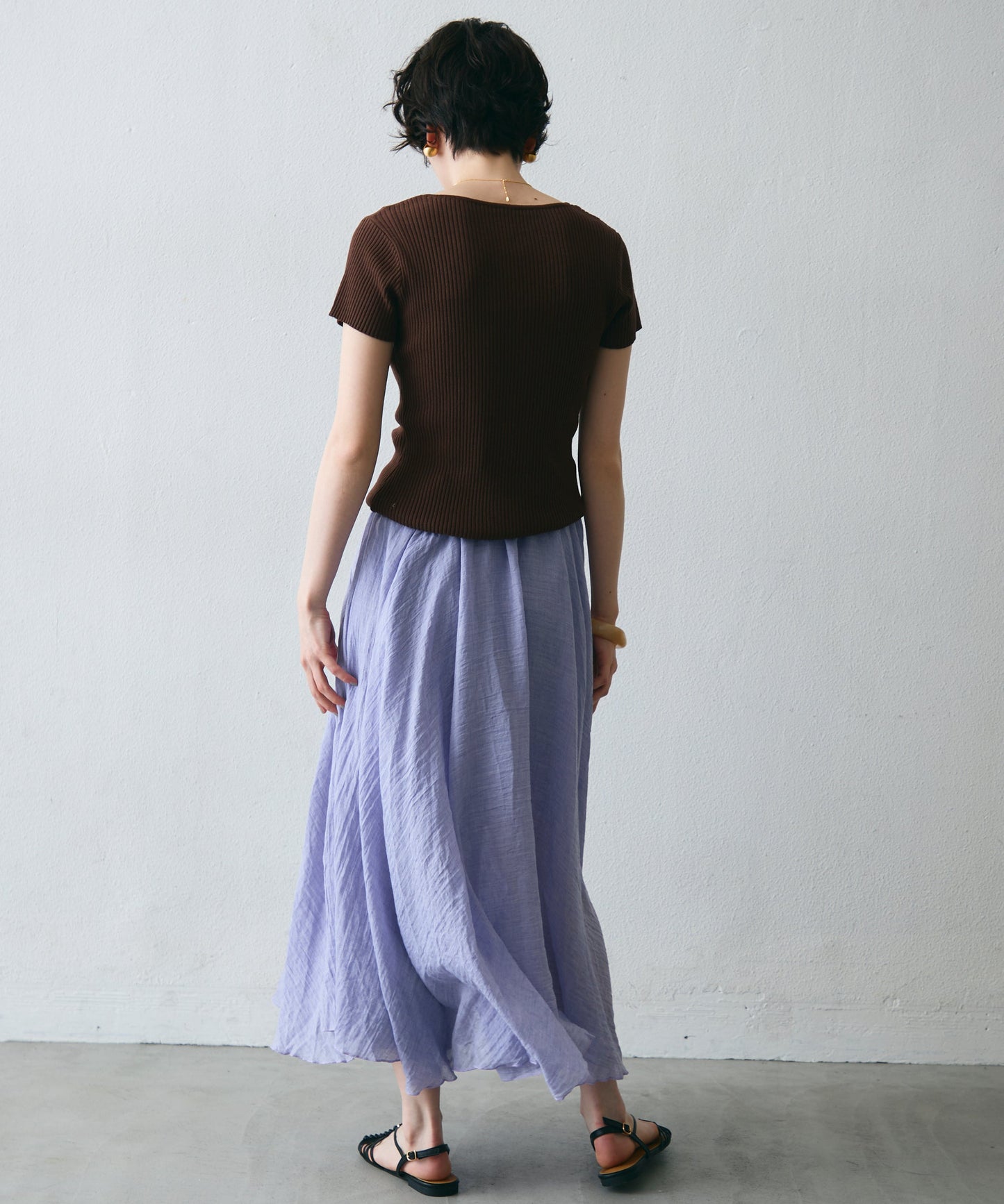 レースレイヤードヘンリーネックハーフスリーブリブニット