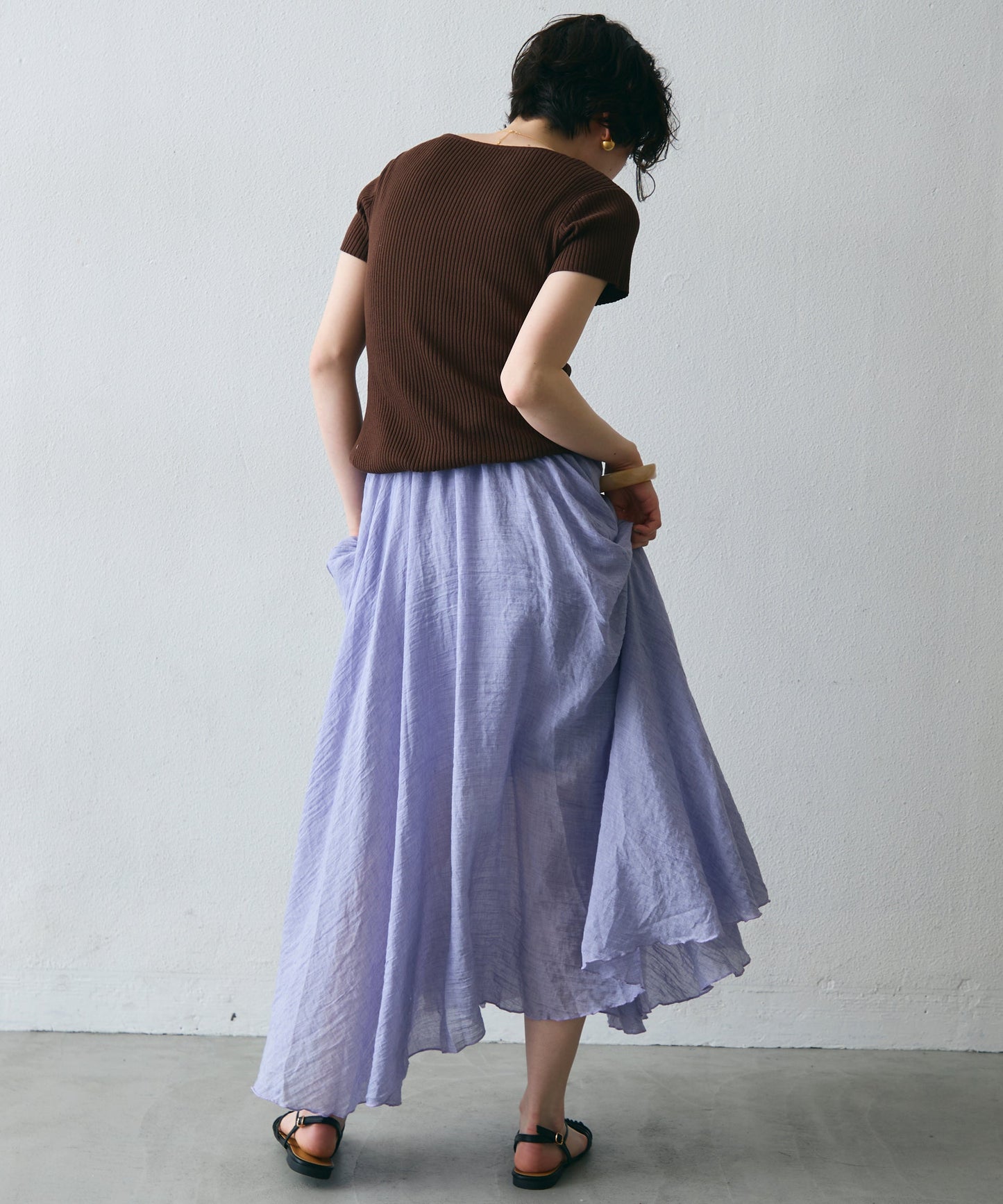 レースレイヤードヘンリーネックハーフスリーブリブニット