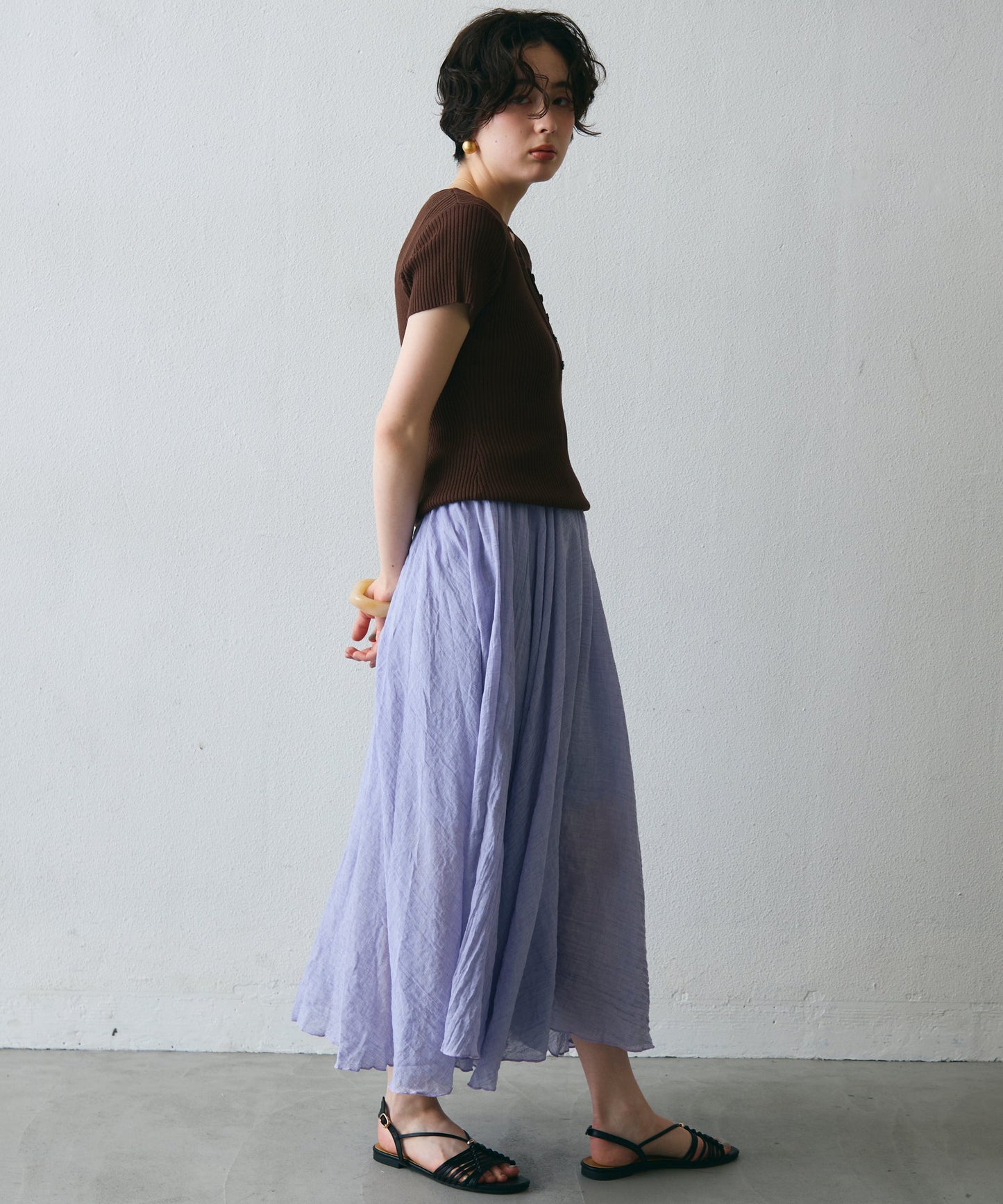 レースレイヤードヘンリーネックハーフスリーブリブニット