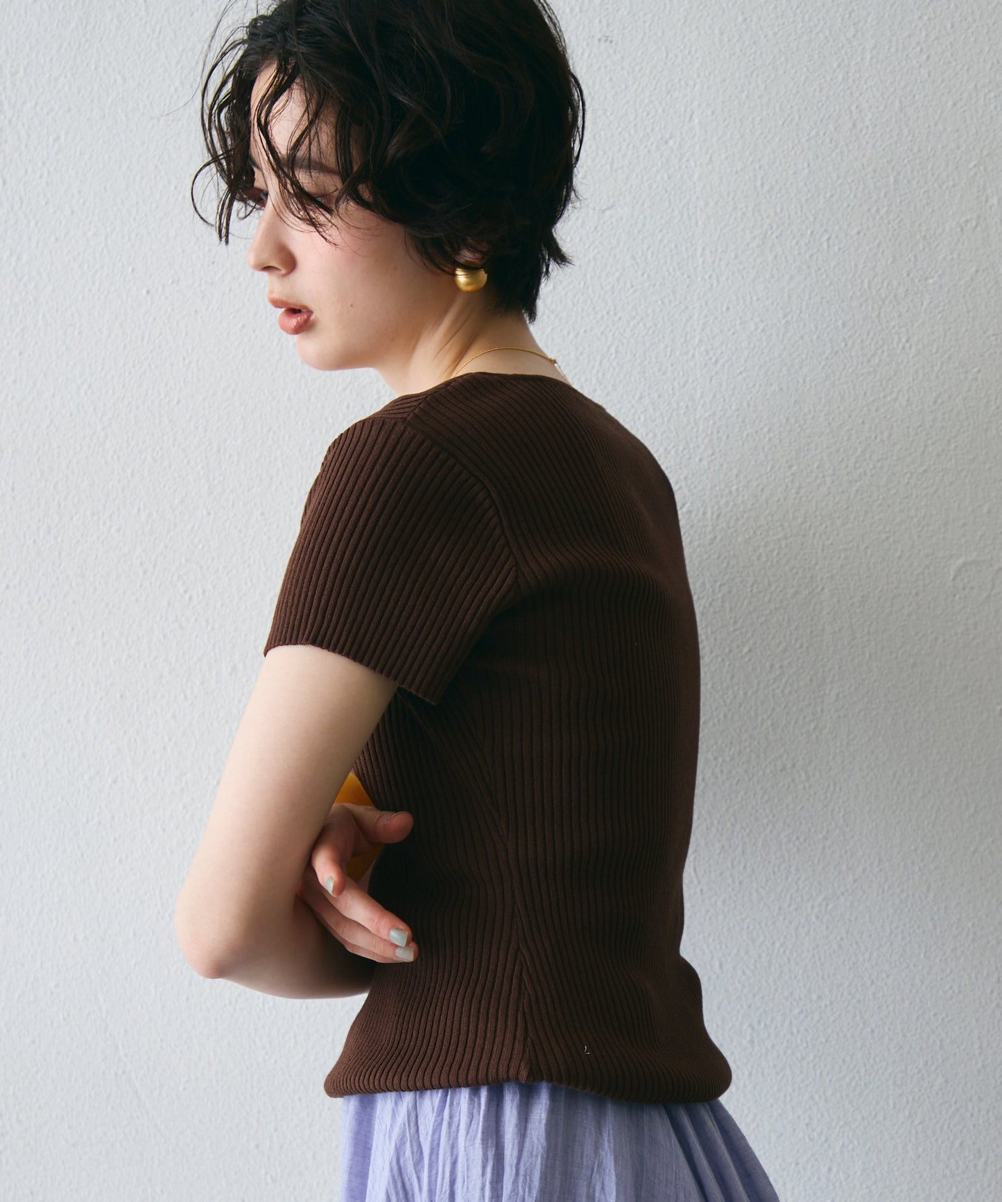 レースレイヤードヘンリーネックハーフスリーブリブニット