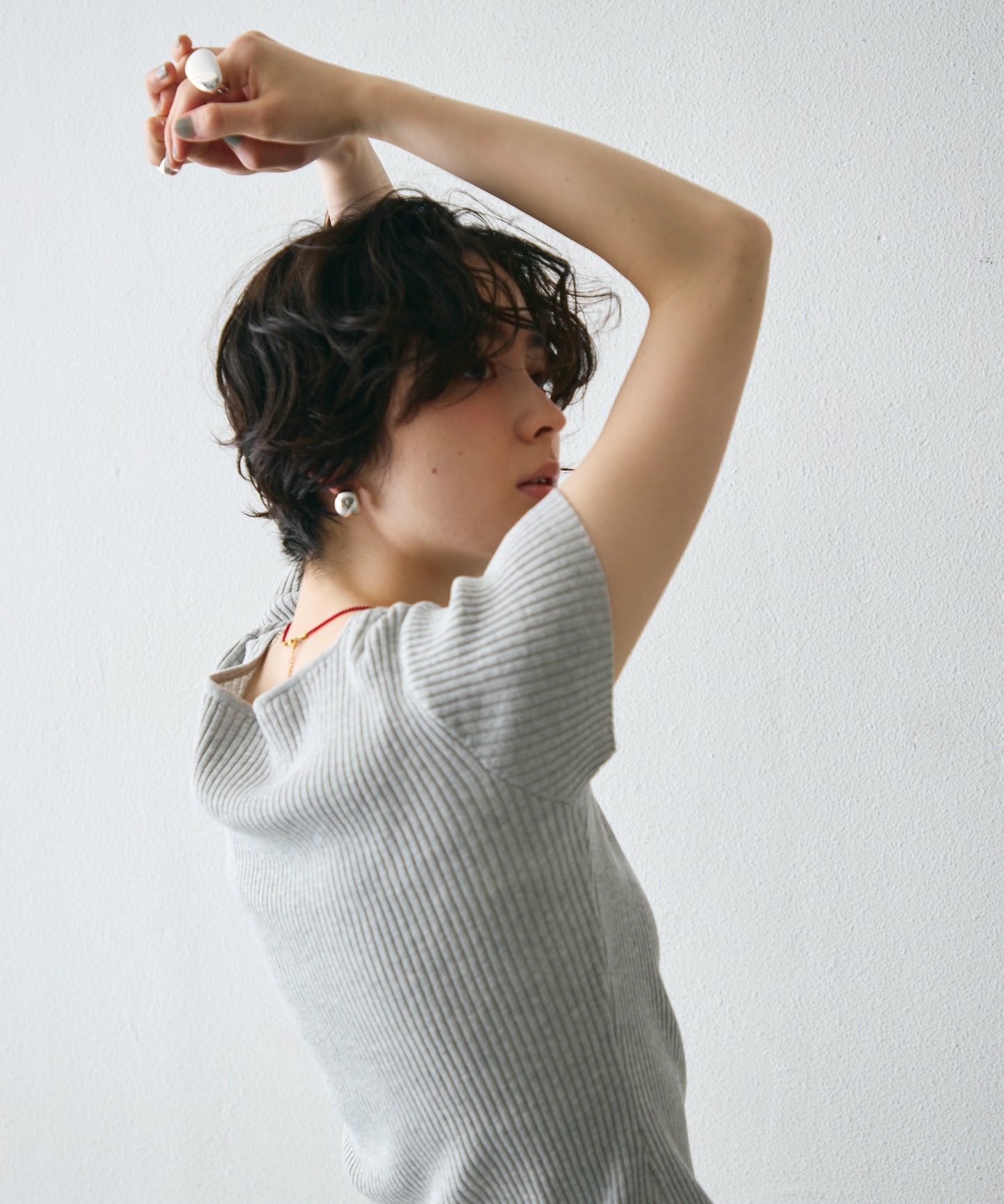 レースレイヤードヘンリーネックハーフスリーブリブニット