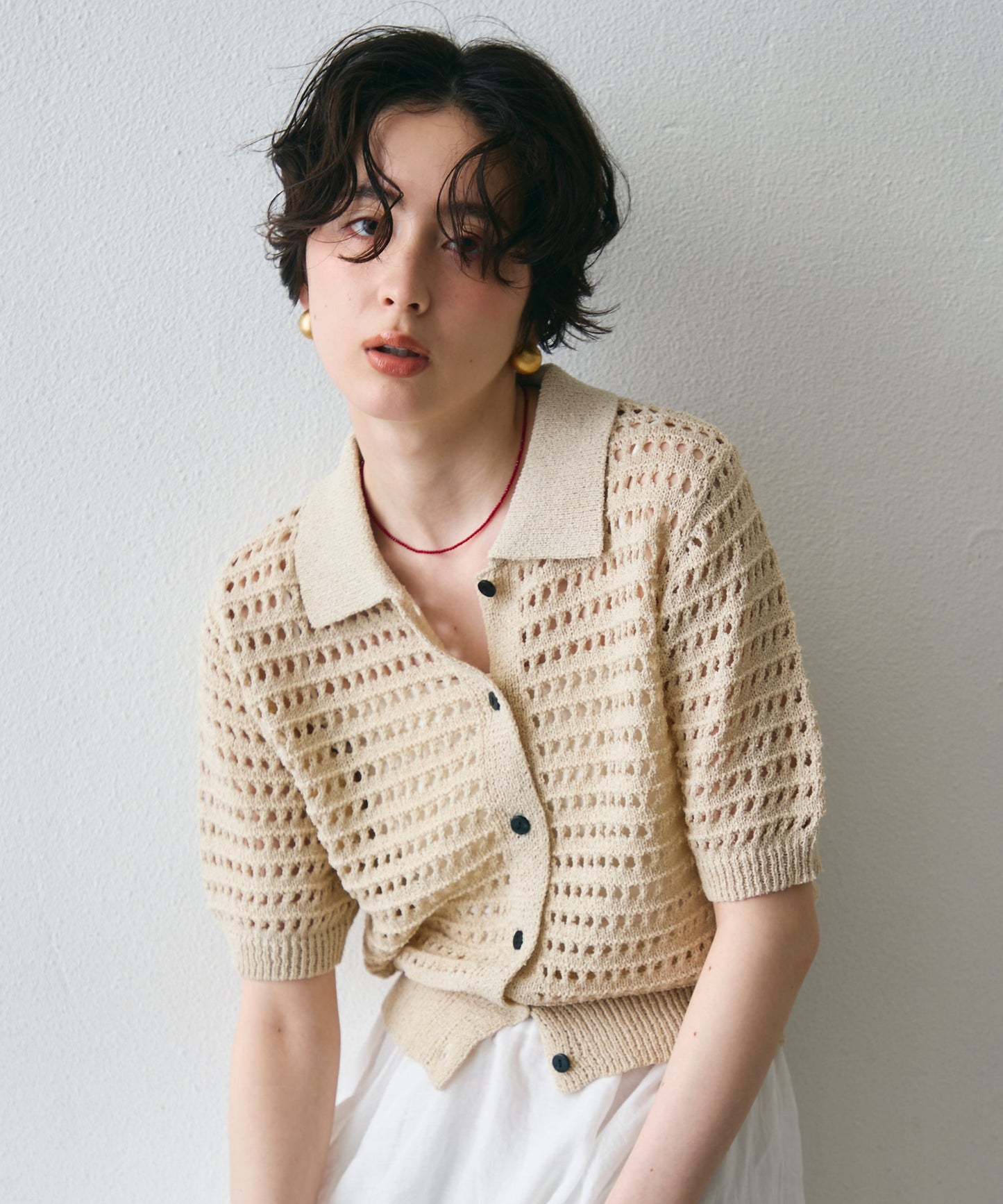 透かし編み衿付きニットカーディガン