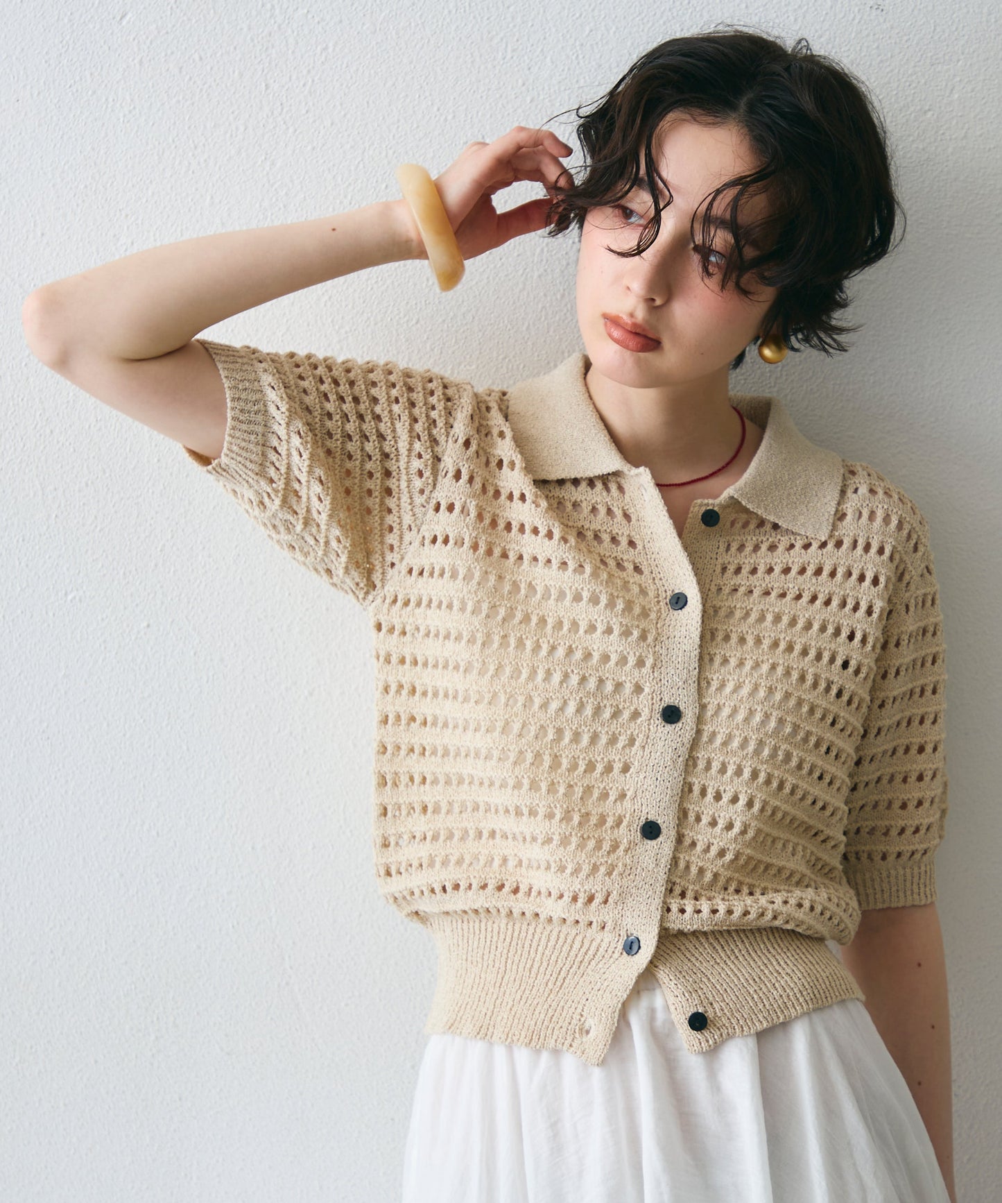 透かし編み衿付きニットカーディガン