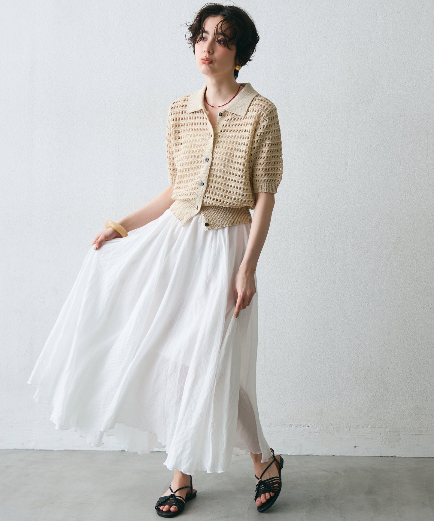 透かし編み衿付きニットカーディガン