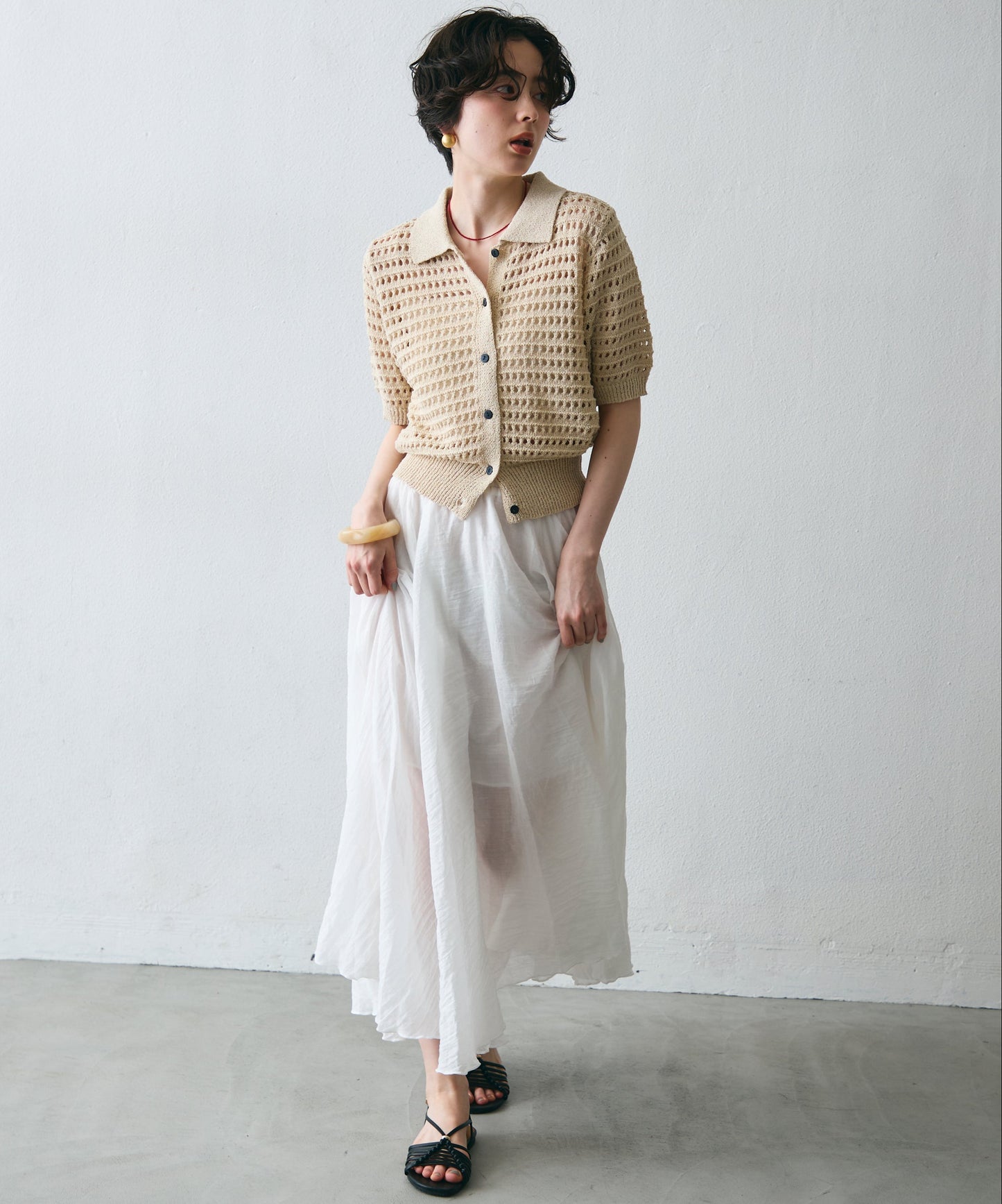 透かし編み衿付きニットカーディガン