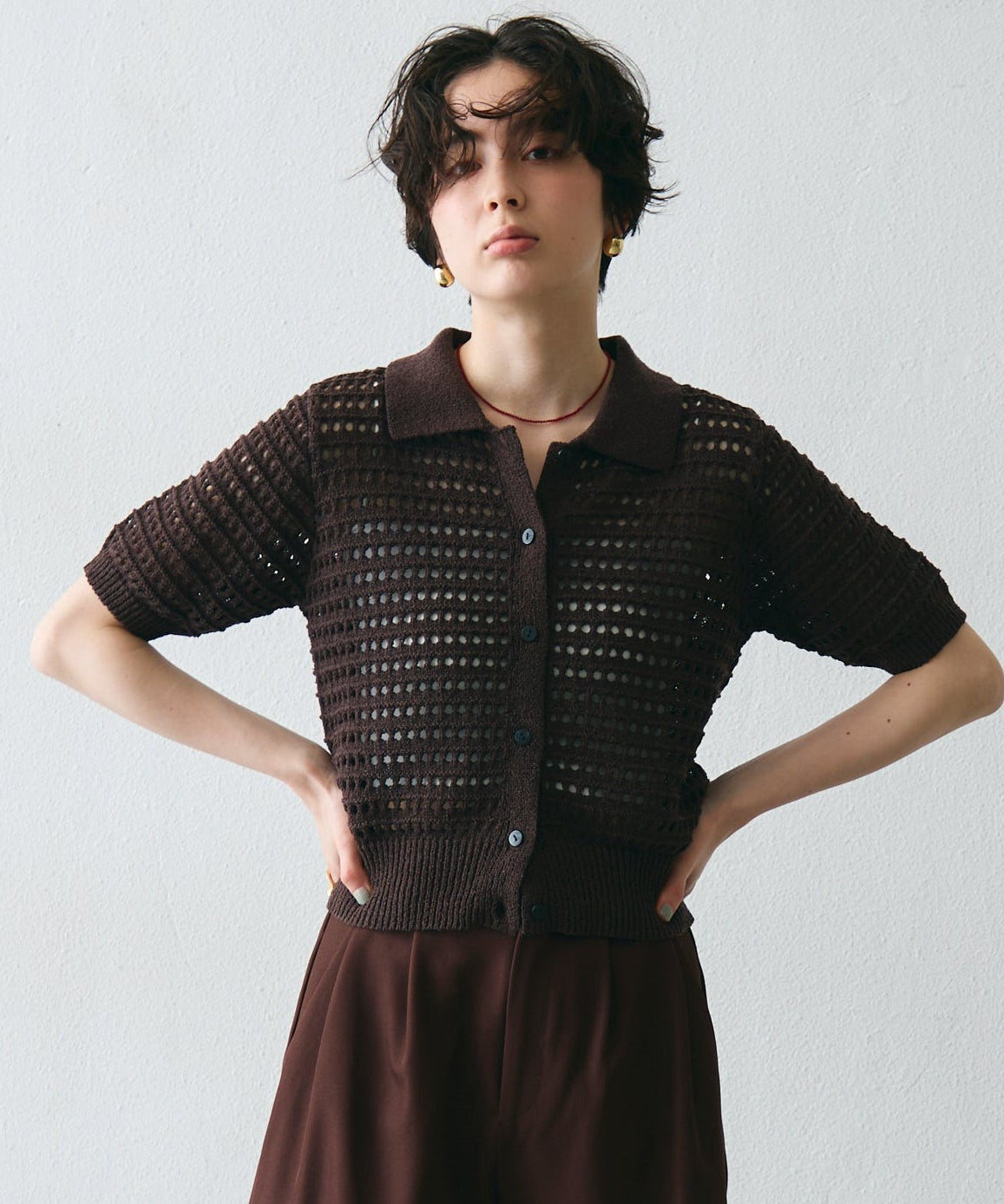 透かし編み衿付きニットカーディガン