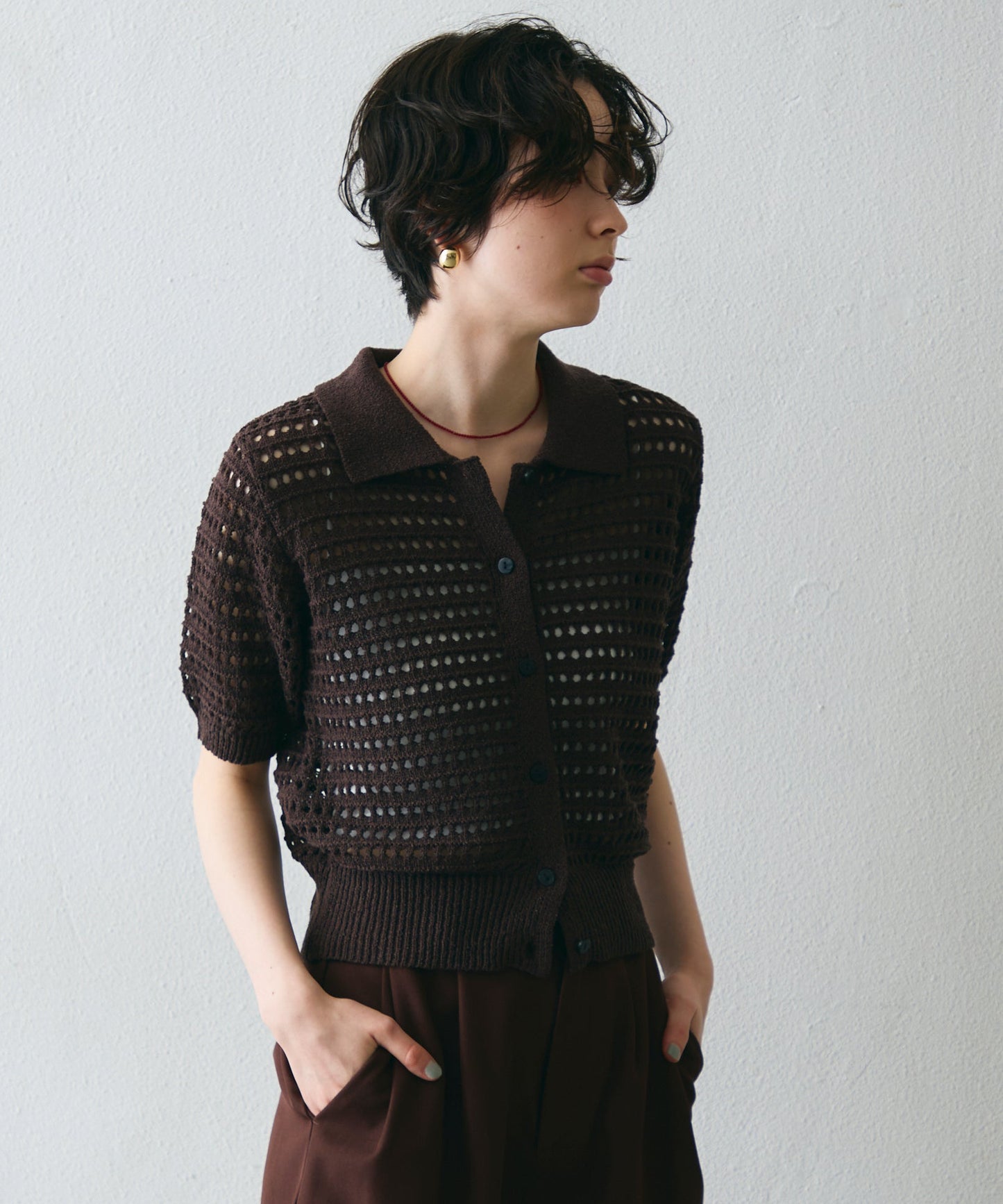 透かし編み衿付きニットカーディガン