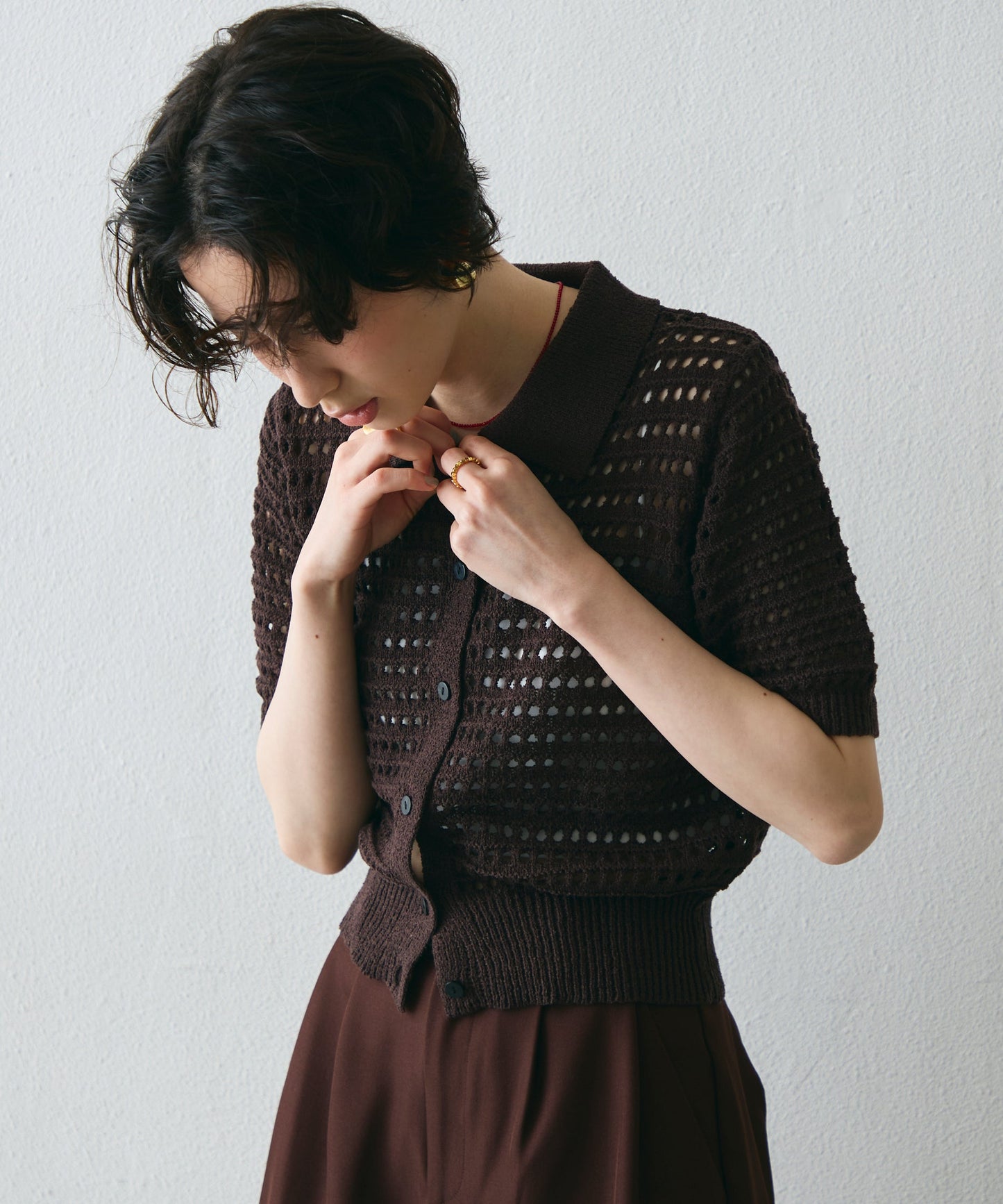 透かし編み衿付きニットカーディガン