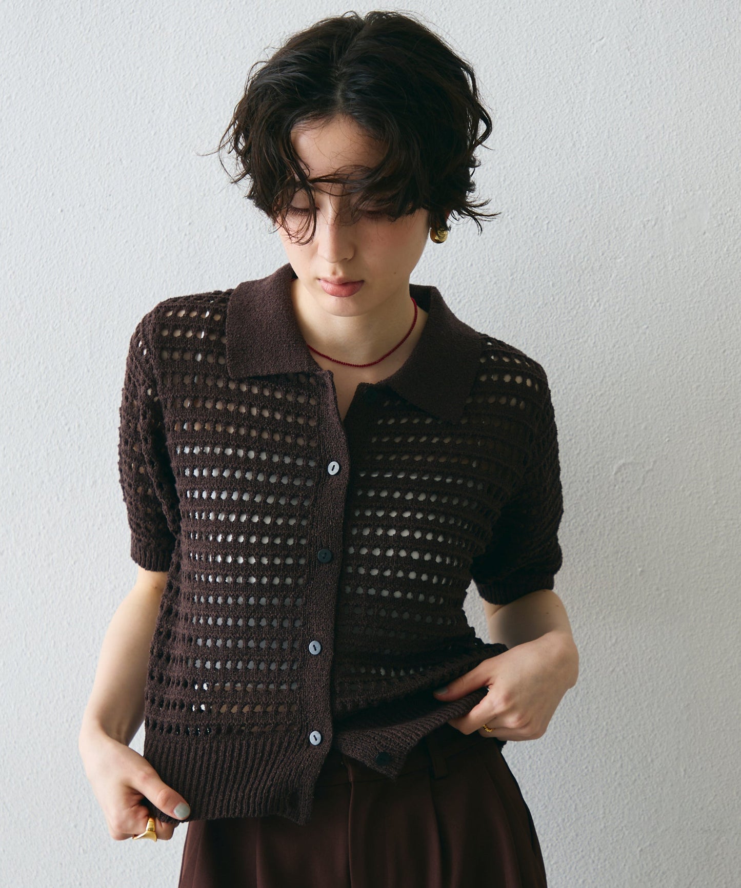 透かし編み衿付きニットカーディガン