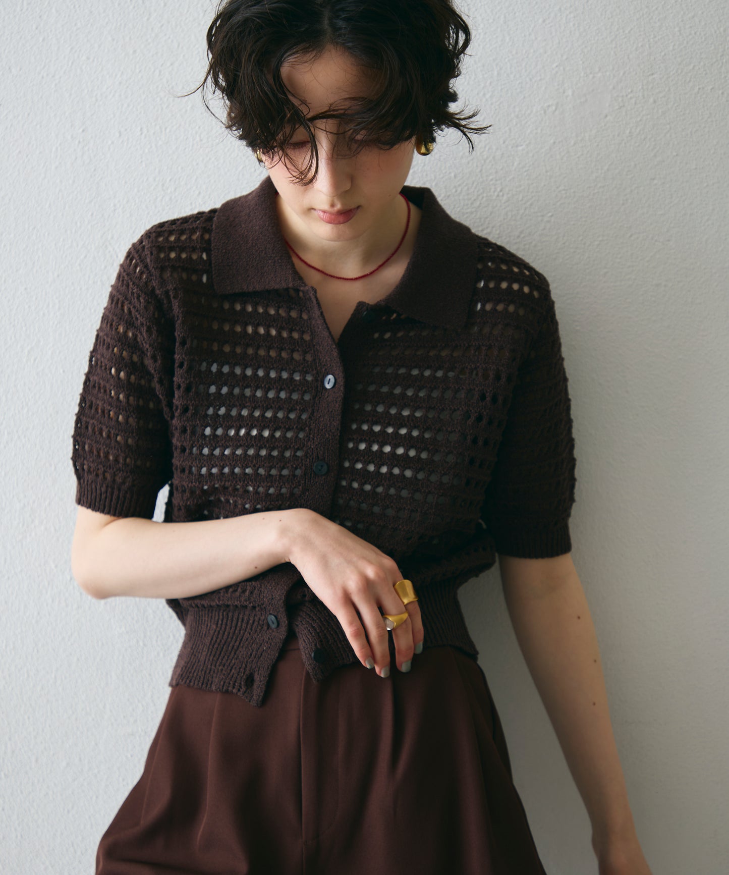 透かし編み衿付きニットカーディガン